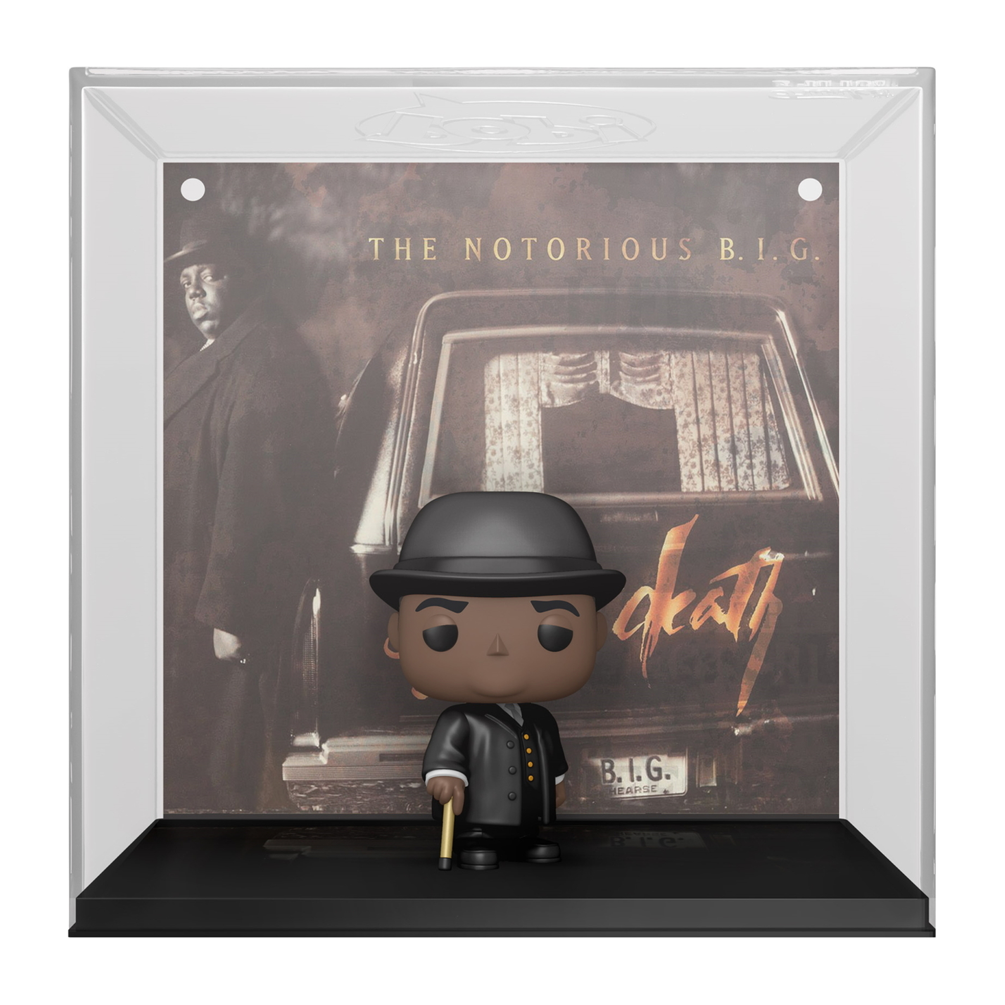 Notorious B.I.G. Funko Pop Figur, hält einen Stock, schwarzer Anzug, und Box links mit Albumcover.