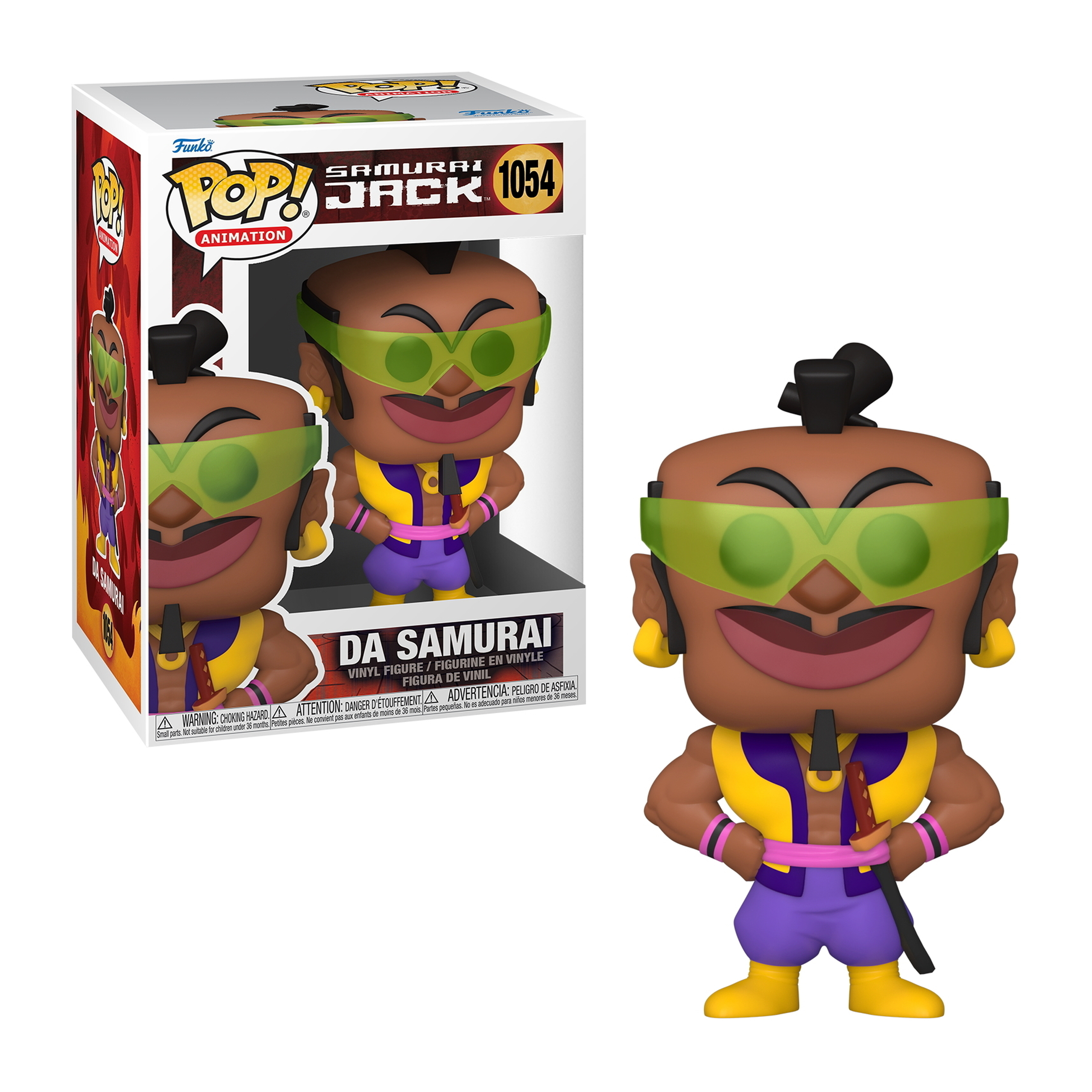 Figura Funko Pop de Da Samurai Jack. Gafas verdes, ropa amarilla y morada, y expresión sonriente. En caja.