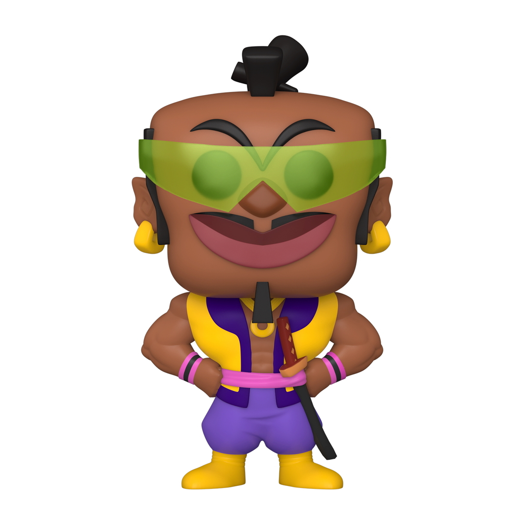 Figura Funko Pop de un hombre con gafas de sol, chaleco amarillo y pantalones morados.