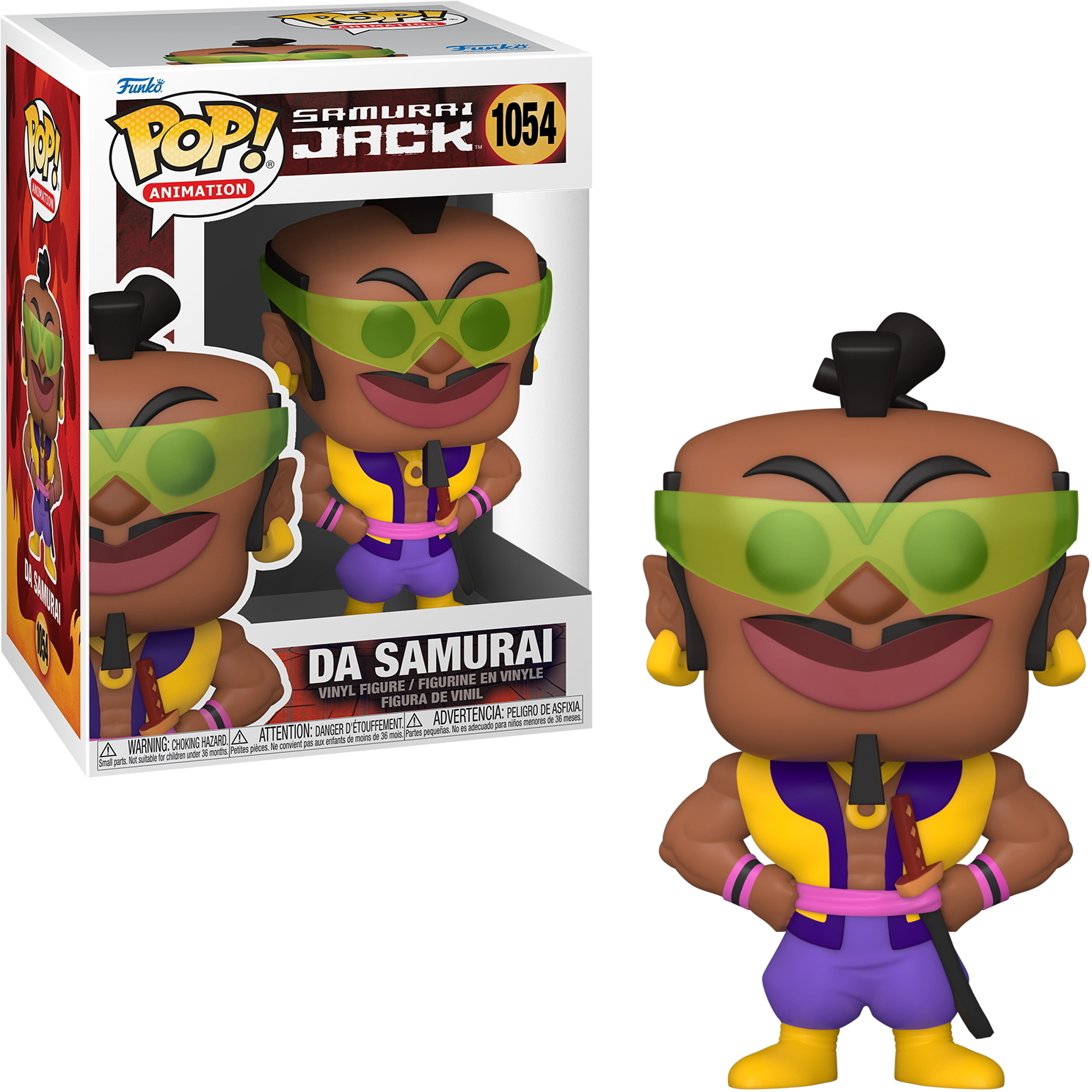 Figura Da Samurai Funko Pop. Visera verde, atuendo amarillo, pantalones morados y una espada. Caja presente.