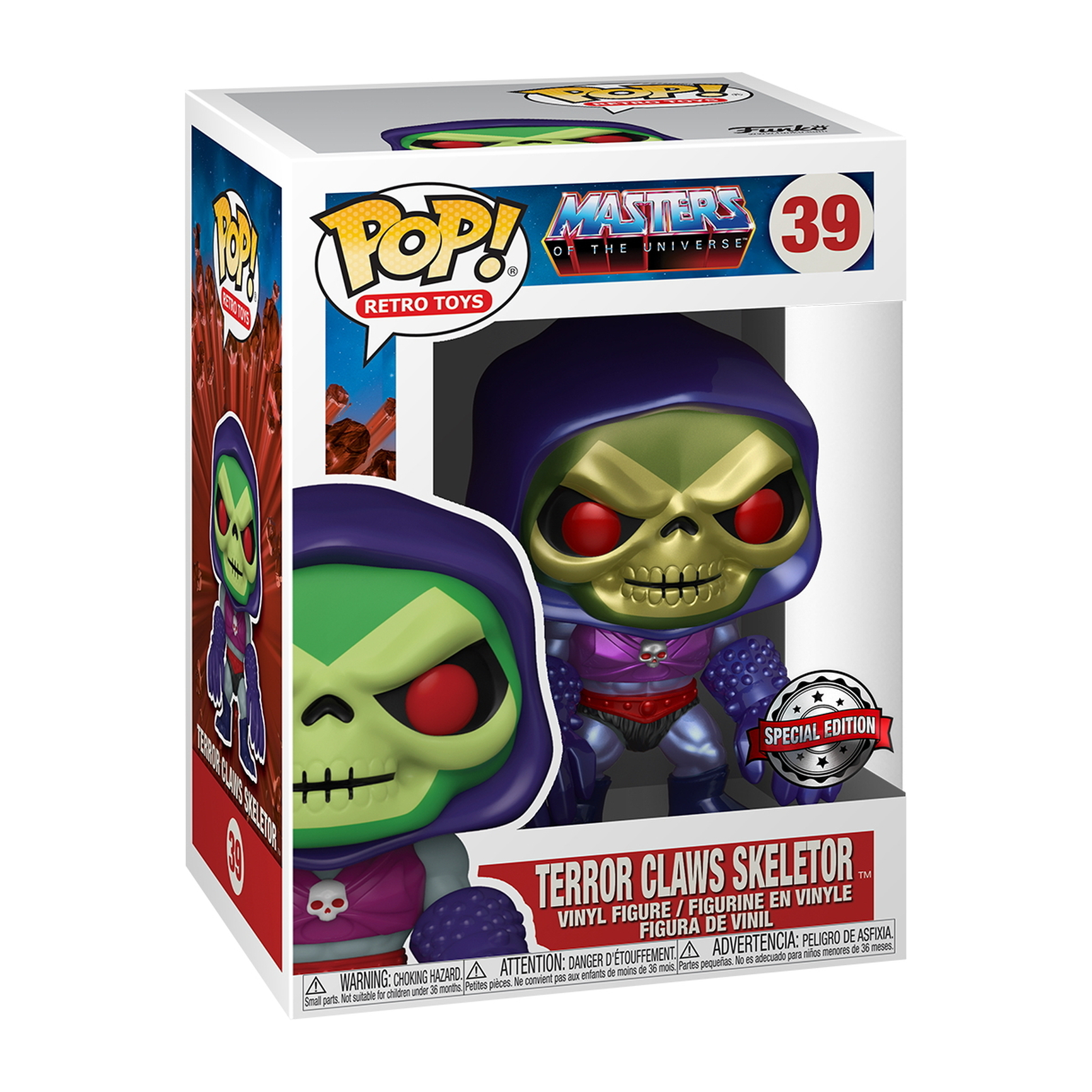 Terror Claws Skeletor Funko Pop Figur in Box. Grüner Skeletor mit lila Details. Box hat Masters of the Universe und Funko Pop Logos.