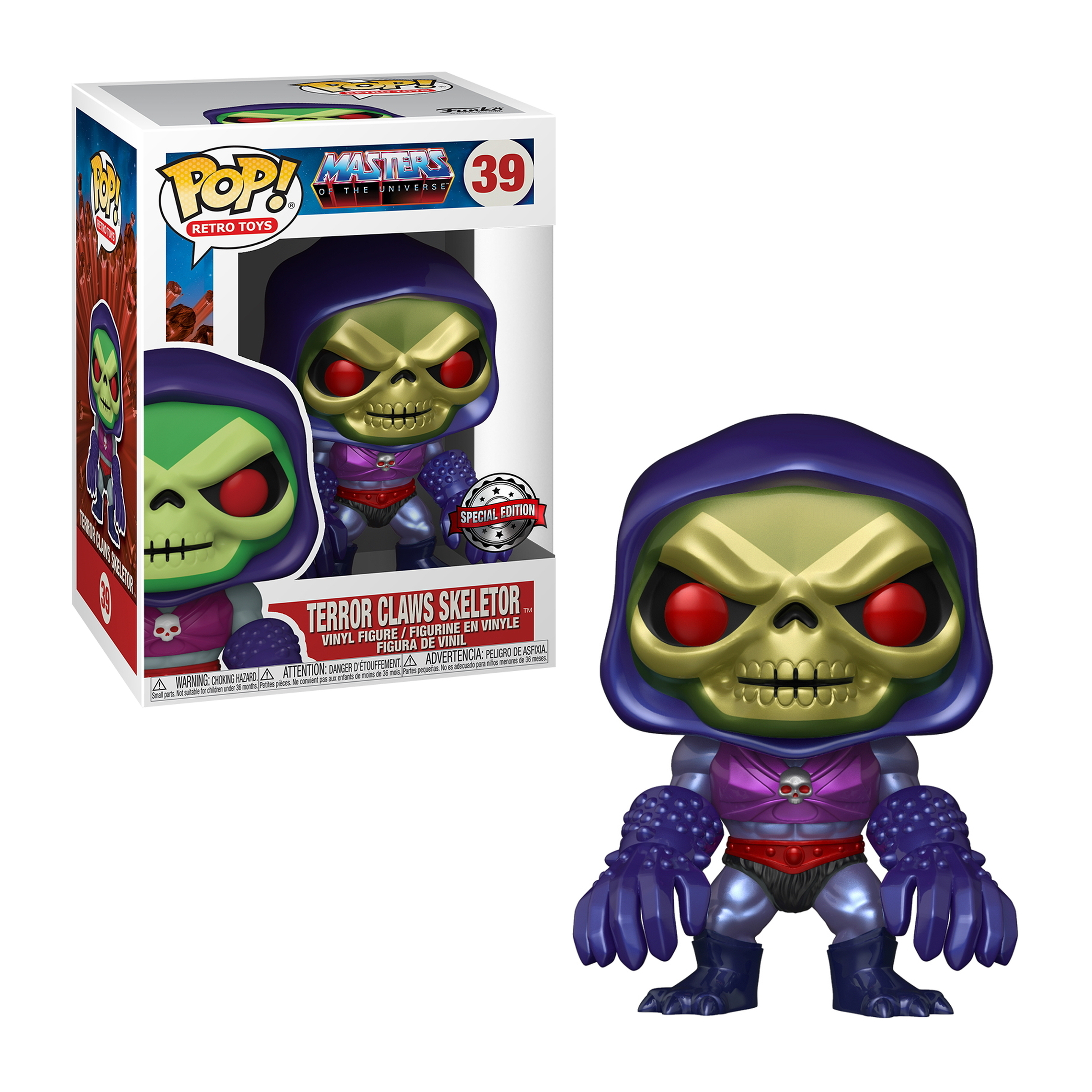 Skeletor Funko Pop Figur mit Box, trägt Lila und Rot.