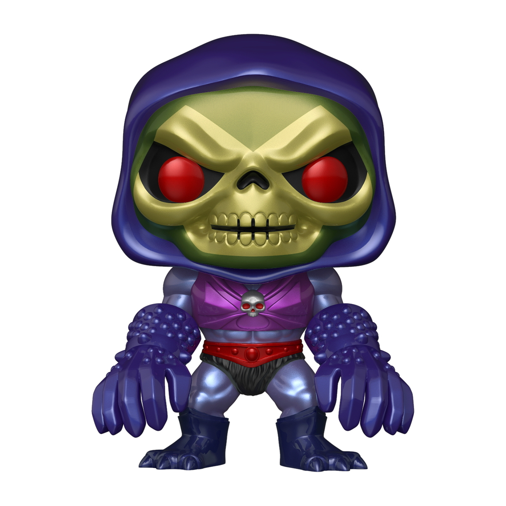 Skeletor Funko Pop Figur. Blaue Kapuze, goldener Schädel mit roten Augen. Lila Körper, hält ein Schwert.