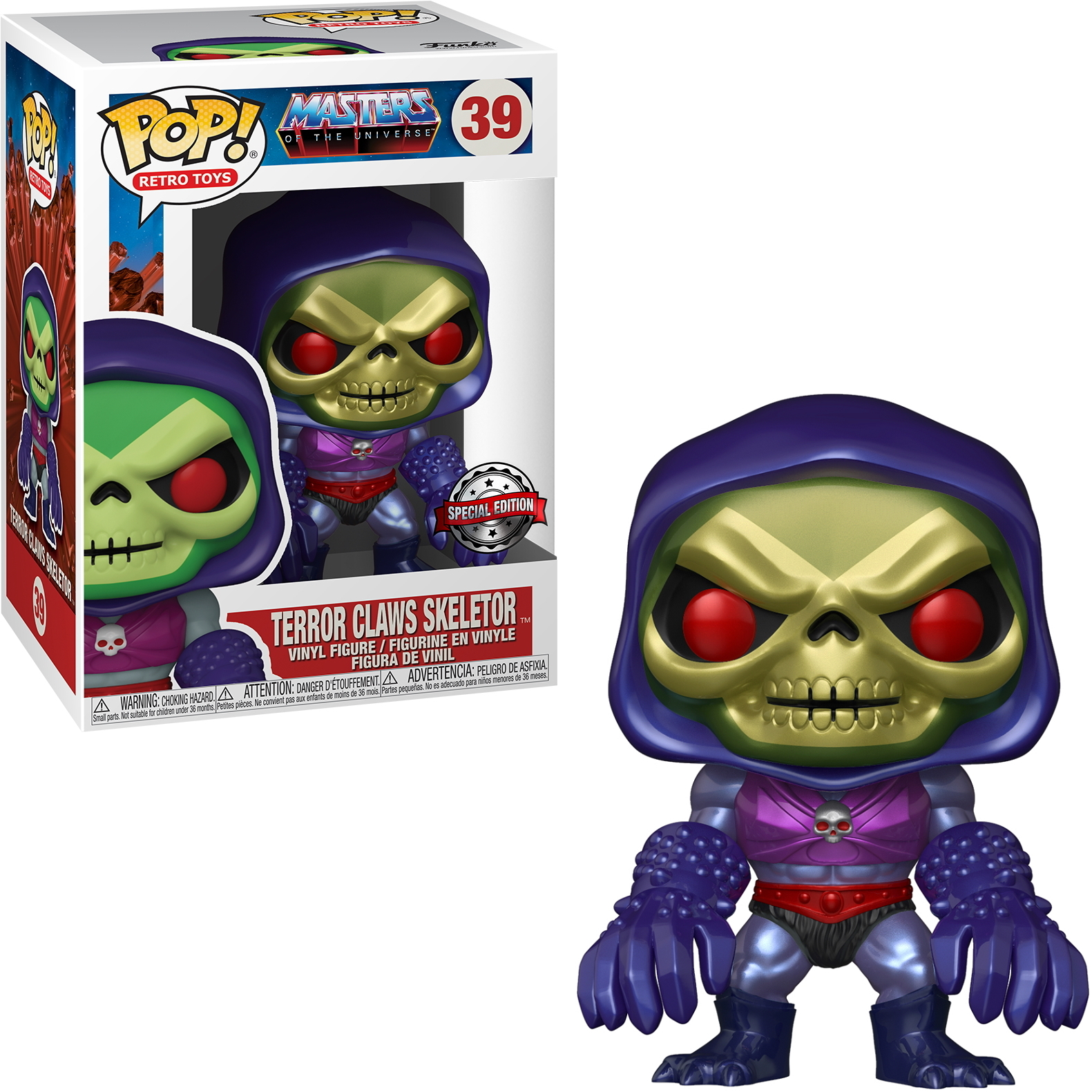 Skeletor Funko Pop Figur, grüner Schädel mit roten Augen, in lila Rüstung und blauer Kapuze. Box im Hintergrund.