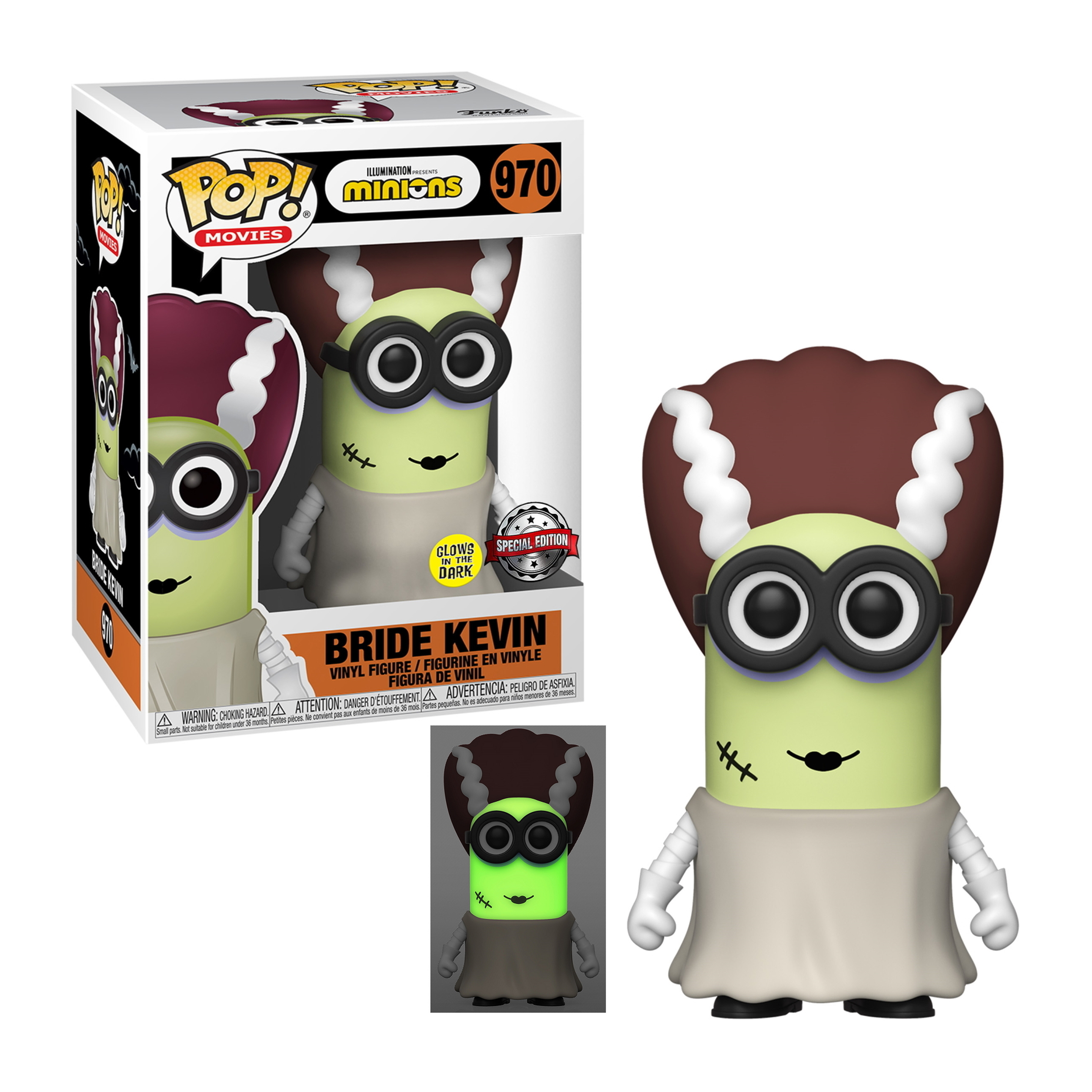Braut Kevin Minion Figur mit grüner Haut, hält einen Strauß, die Box im Hintergrund.