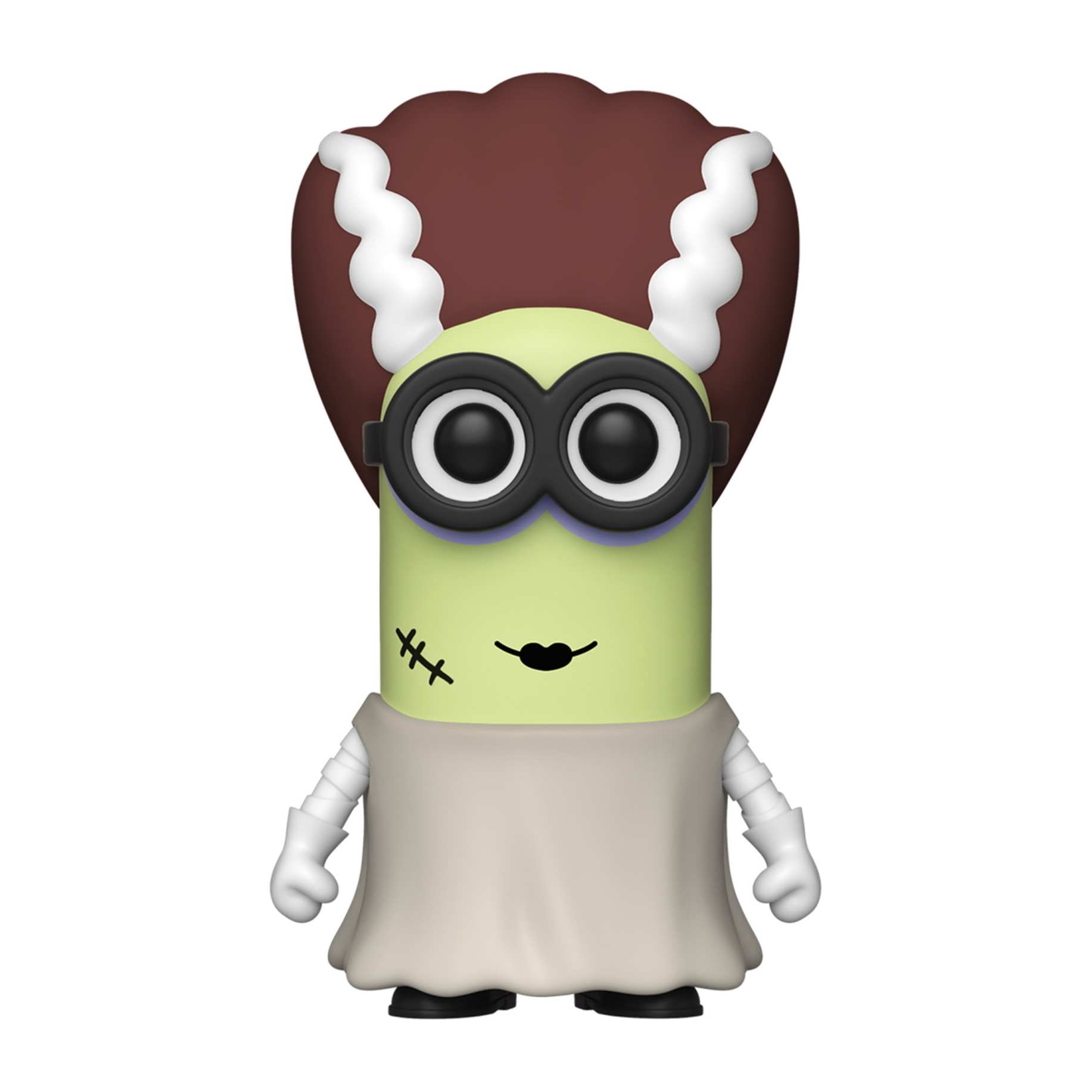 Ein Minion, verkleidet als Frankensteins Braut. Es ist grün mit brauner Frisur und weißen Handschuhen.