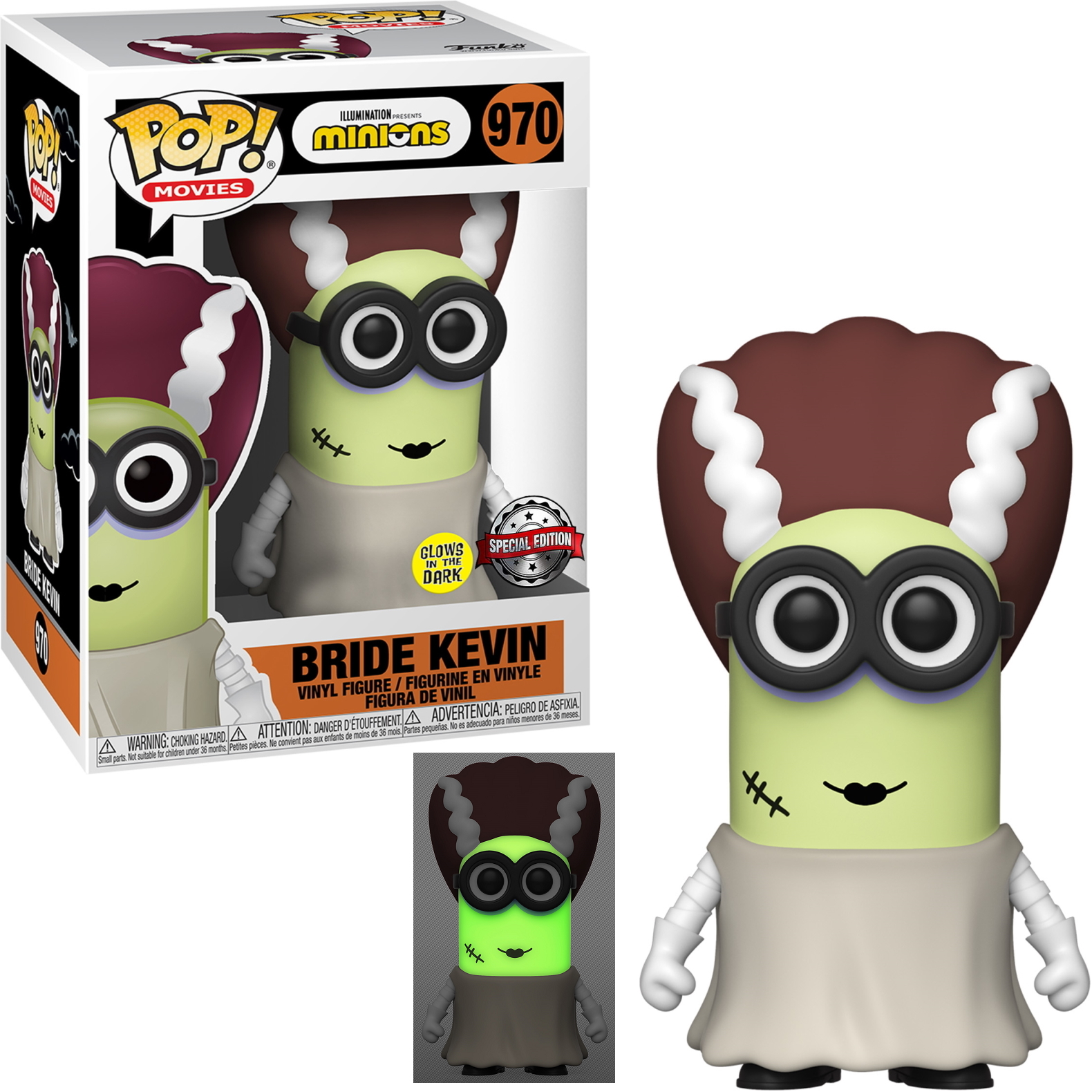 Braut Kevin Minion Figur mit Schleier, grüner Haut und einer Box.