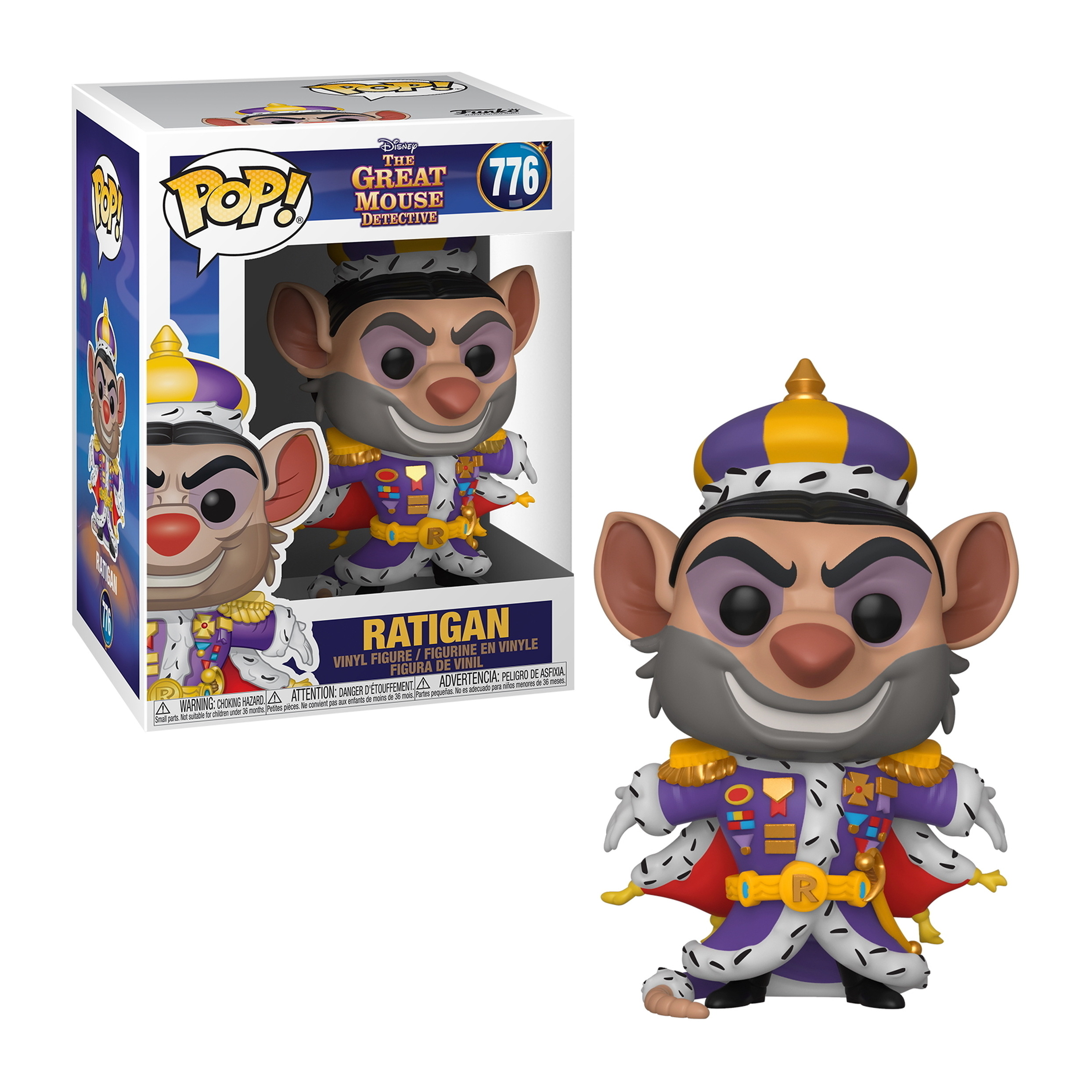 Ratigan Figur aus Basil, der große Mäuse-Detektiv in lila Outfit und Krone. Box im Hintergrund.