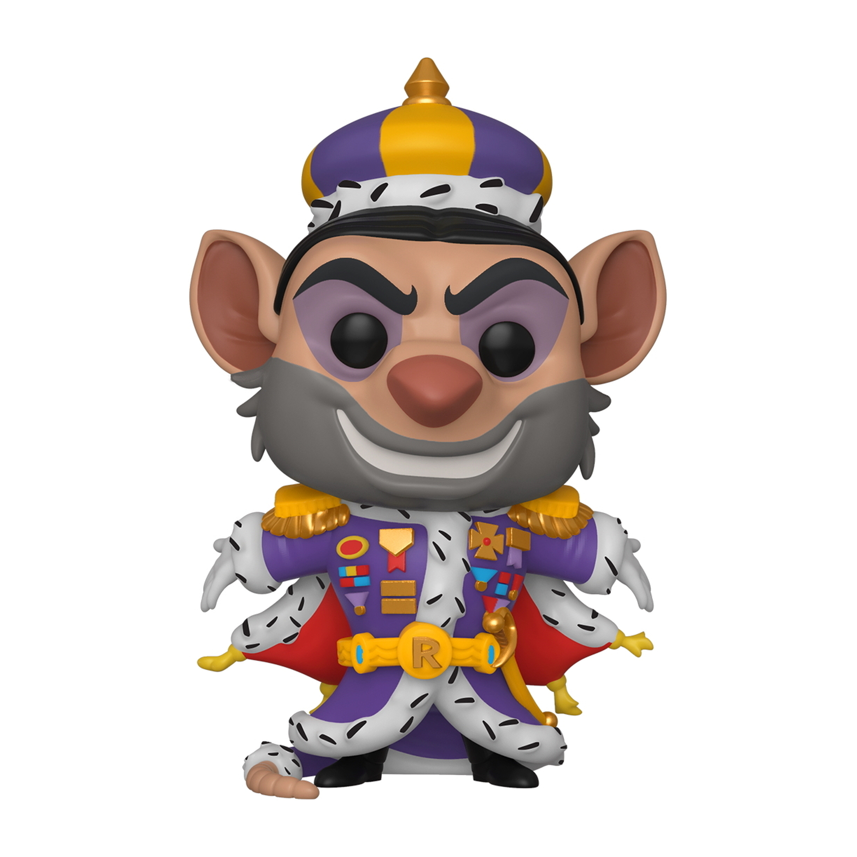 Ratigan Figur in einer Box. Er trägt lila königliche Kleidung mit Krone und ernstem Gesicht.