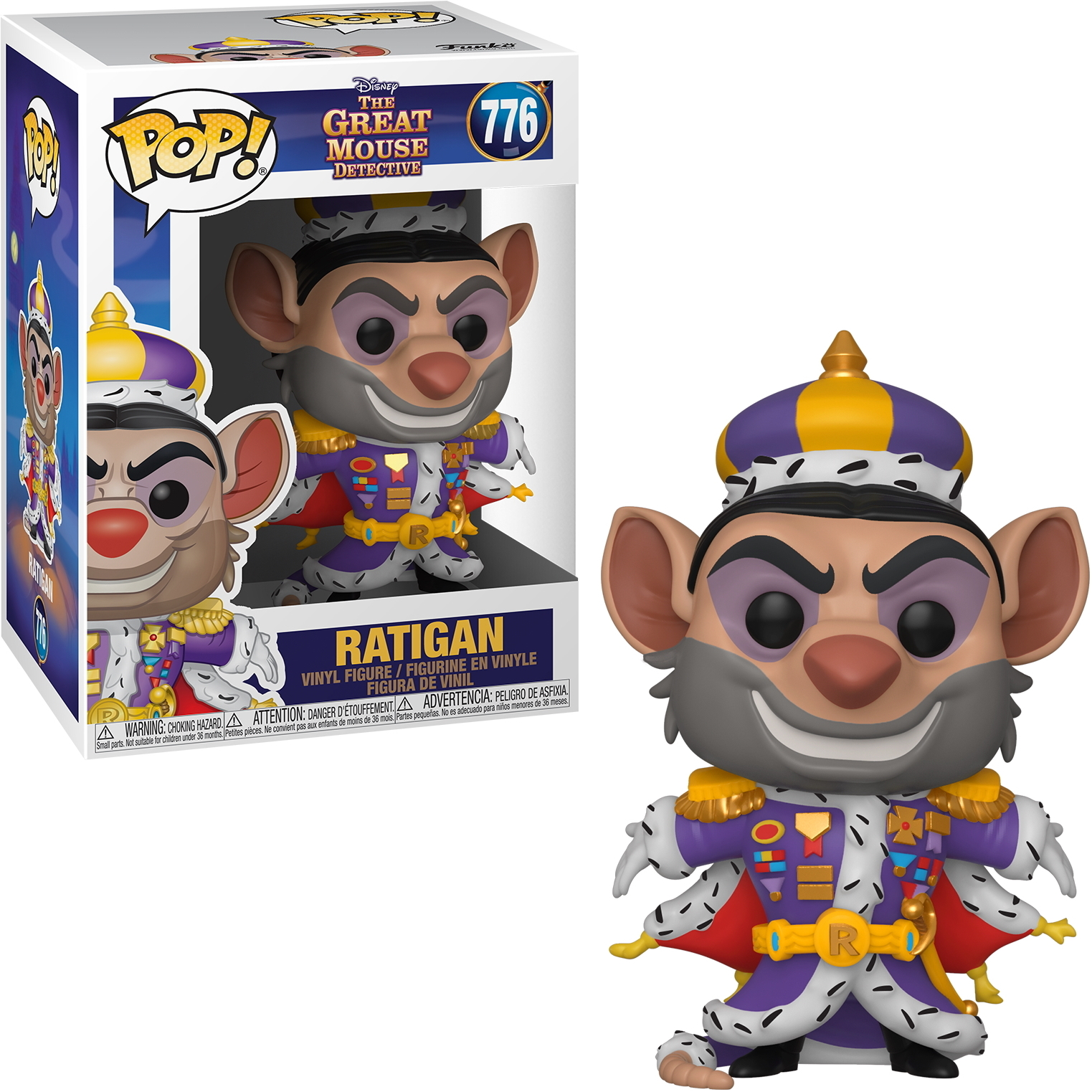 Ratigan Funko Pop Figur aus Basil, der große Mäusedetektiv, in königlicher Kleidung.