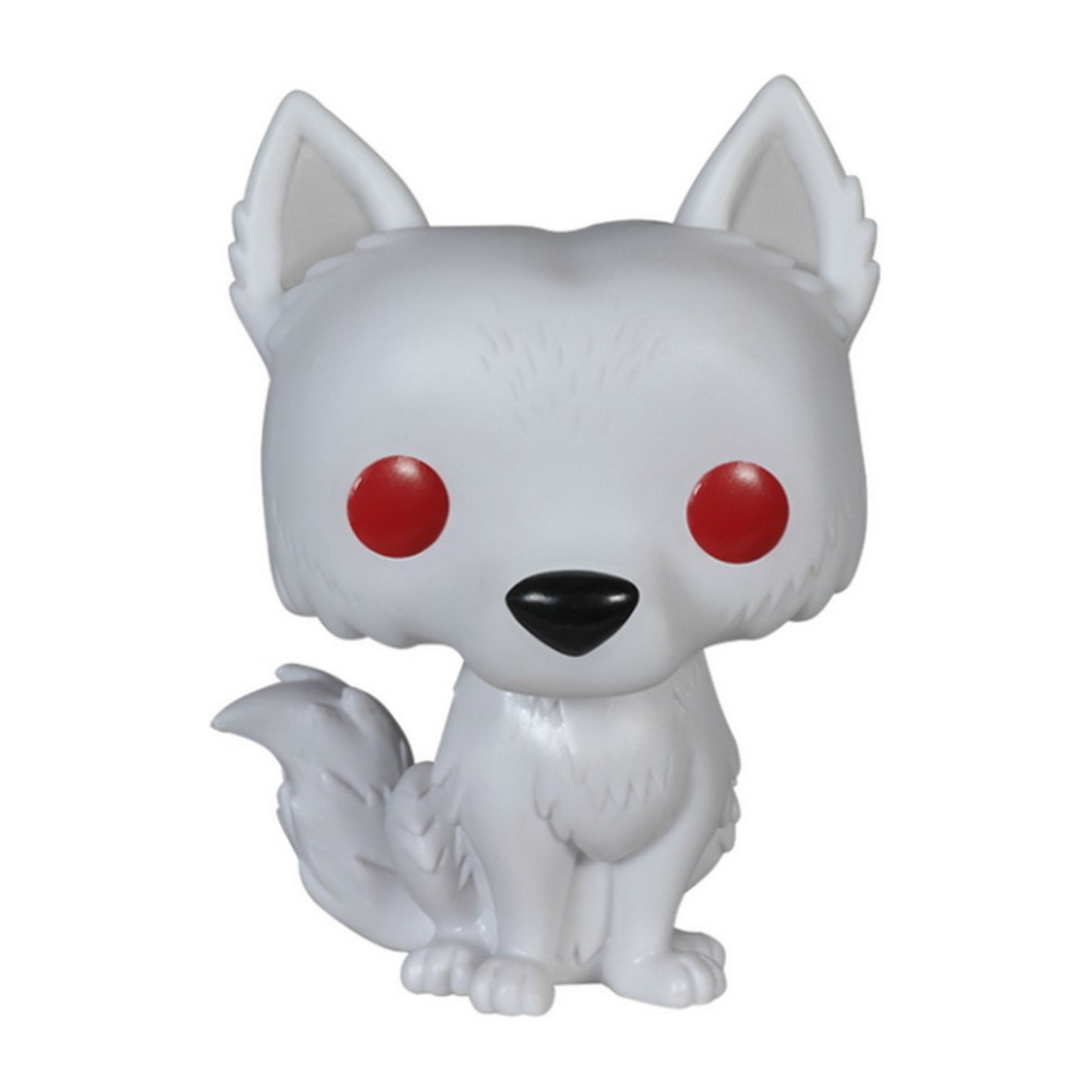 Weißer Wolf Funko Pop Figur. Rote Augen und schwarze Nase, sitzend.