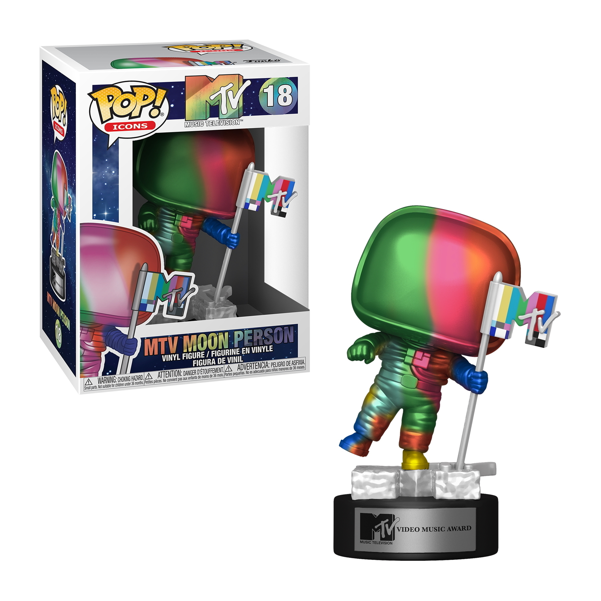 MTV Moon Person Figur, hält Flaggen, auf schwarzer Basis, mit der Box im Hintergrund.