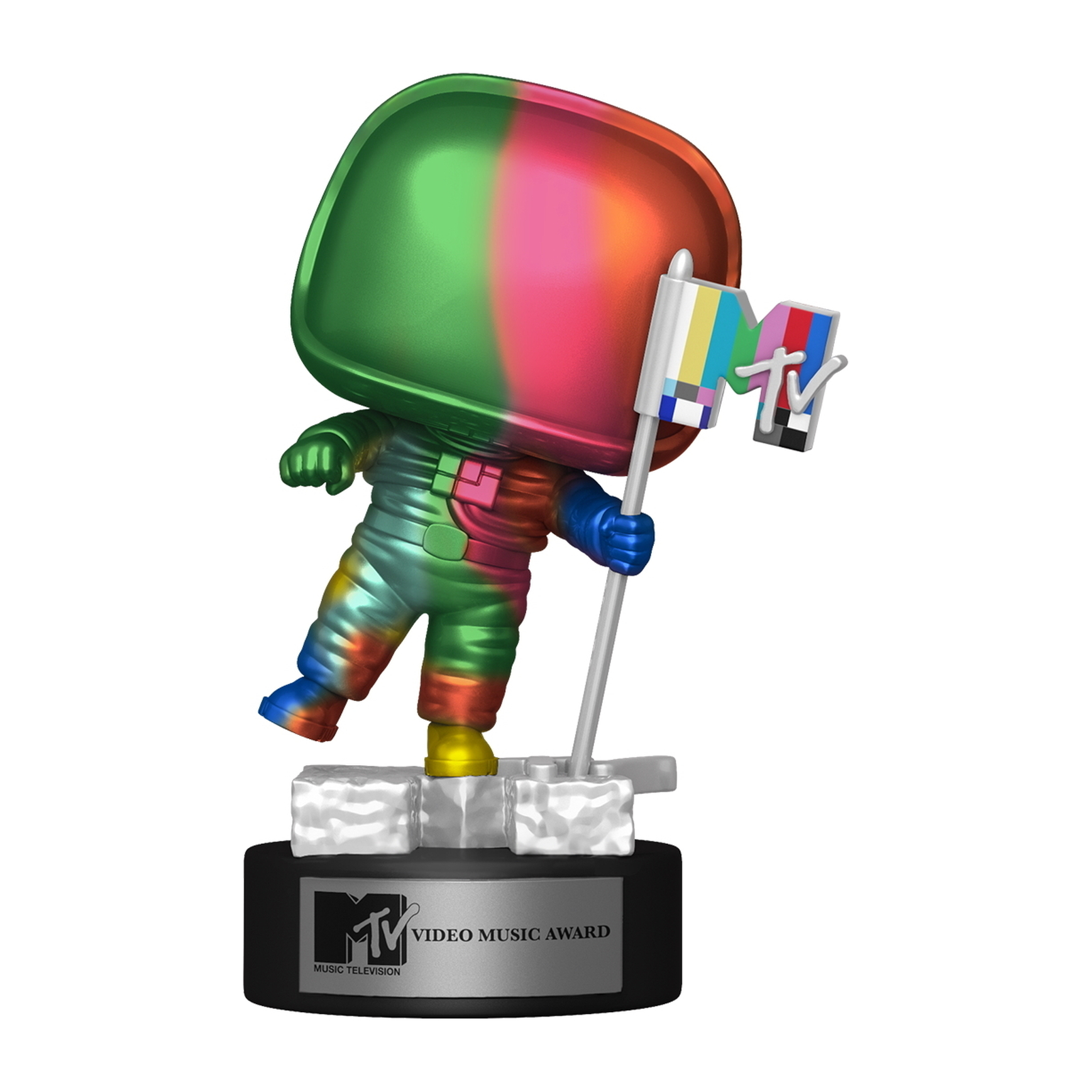 MTV Video Music Award Figur in einem regenbogenfarbenen Astronautenanzug, hält eine Flagge.