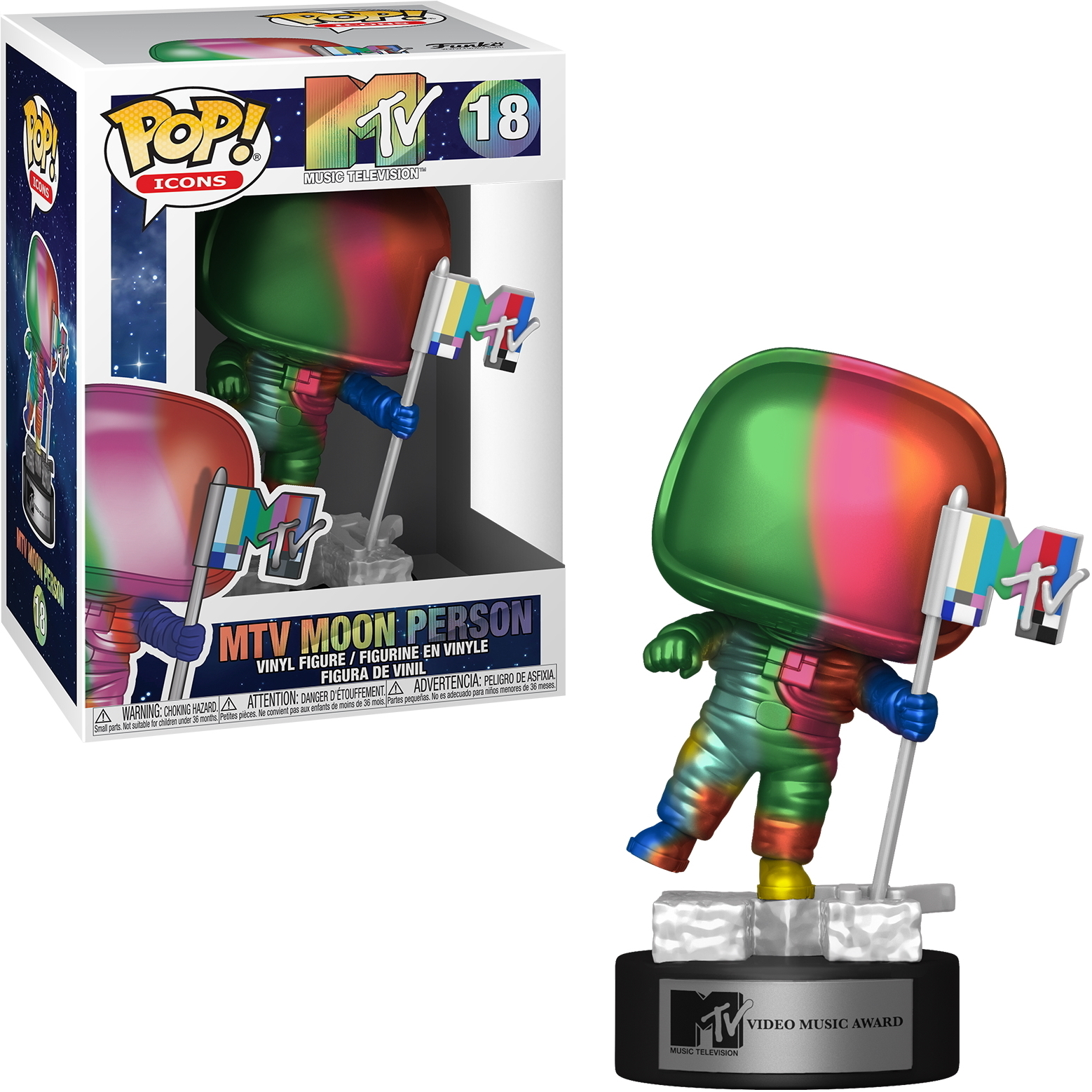 Funko Pop Figur: MTV Moon Person. Mehrfarbige Figur, hält eine Flagge. Weißer Hintergrund.
