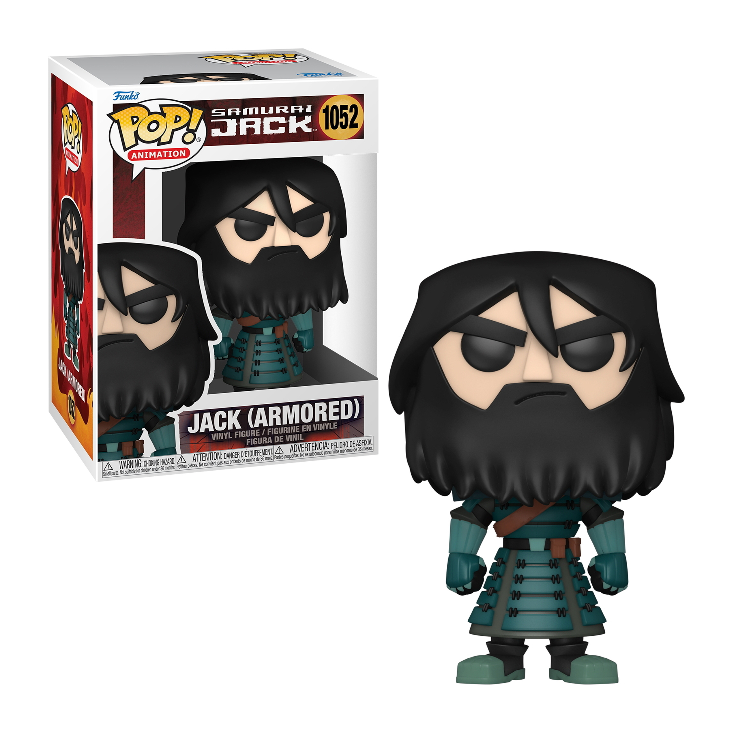 Samurai Jack (Armored) Funko Pop Figur mit schwarzem Bart und Rüstung, neben einer Box.