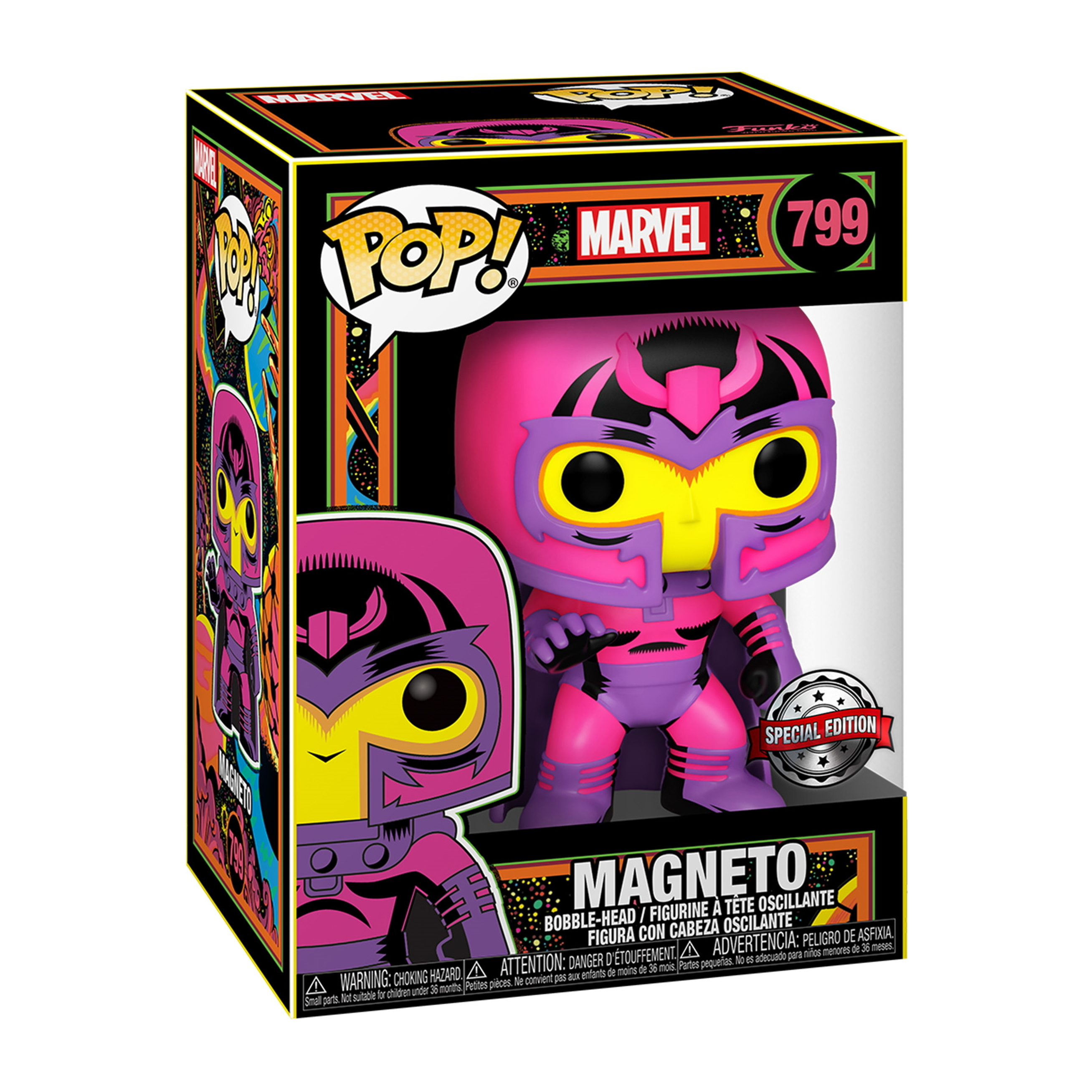 Magneto Figur in einer Box, trägt einen pinkfarbenen und violetten Anzug.