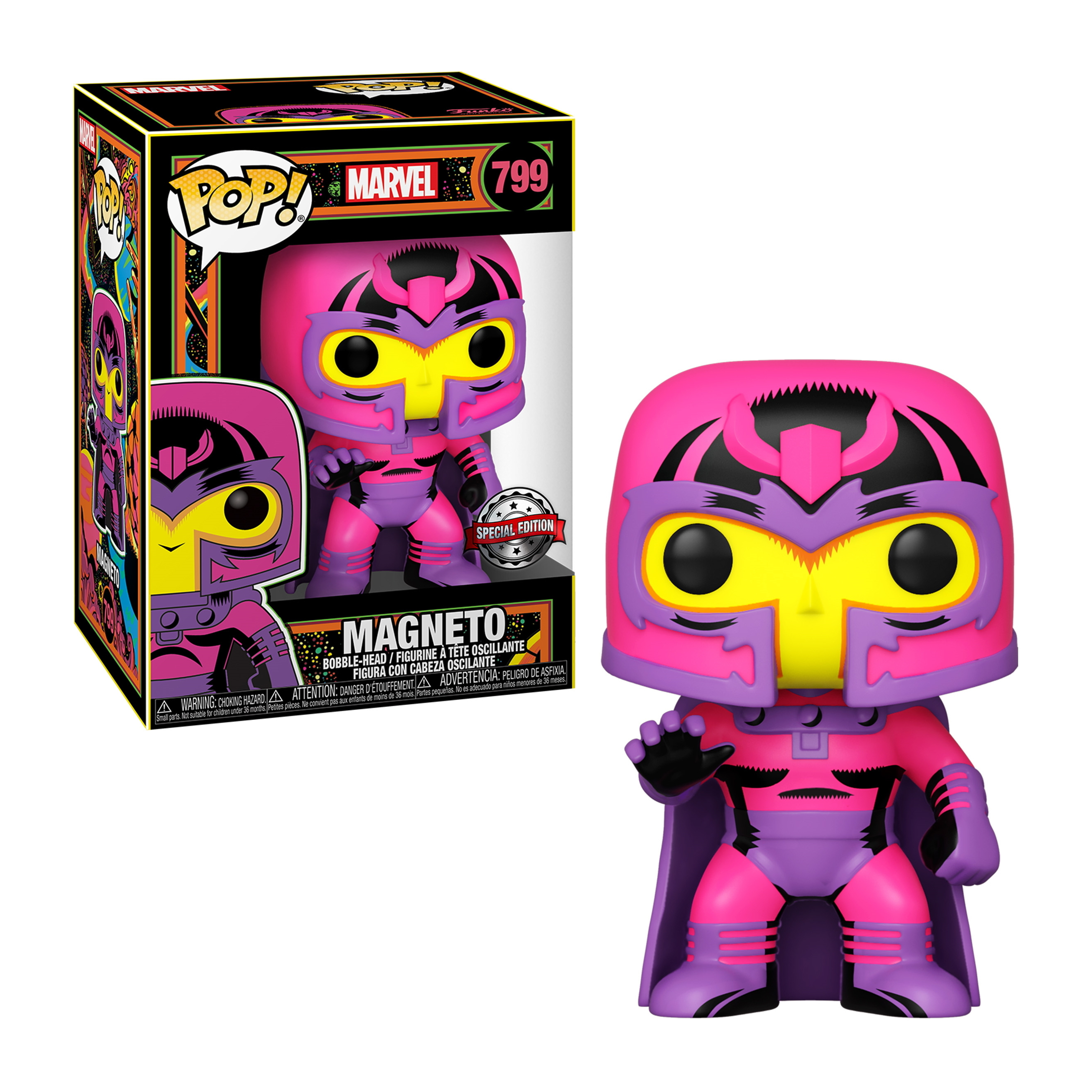 Magneto Figur. Rosa und lila Kostüm, Helm. Box mit Magneto auf der Vorderseite.