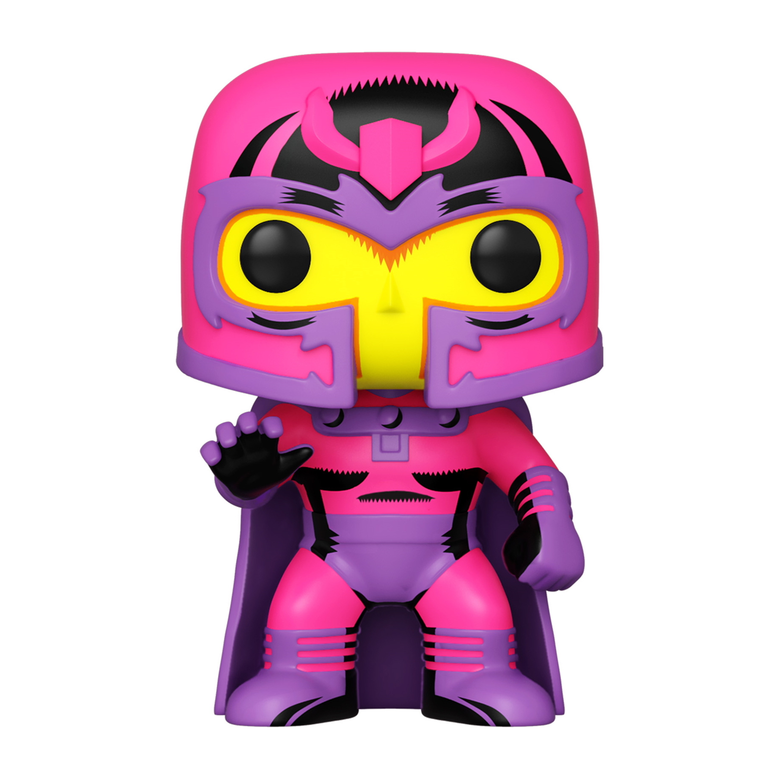 Magneto-Figur in rosa und lila Kostüm. Er trägt einen Helm und hat die Hand oben.