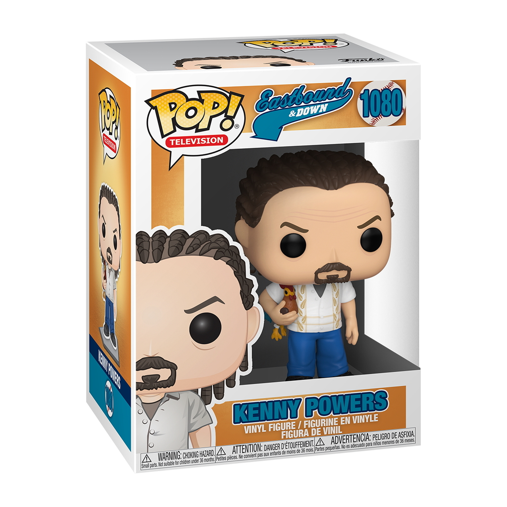 Figura Funko Pop di Kenny Powers in una scatola, con una camicia bianca e un pollo.