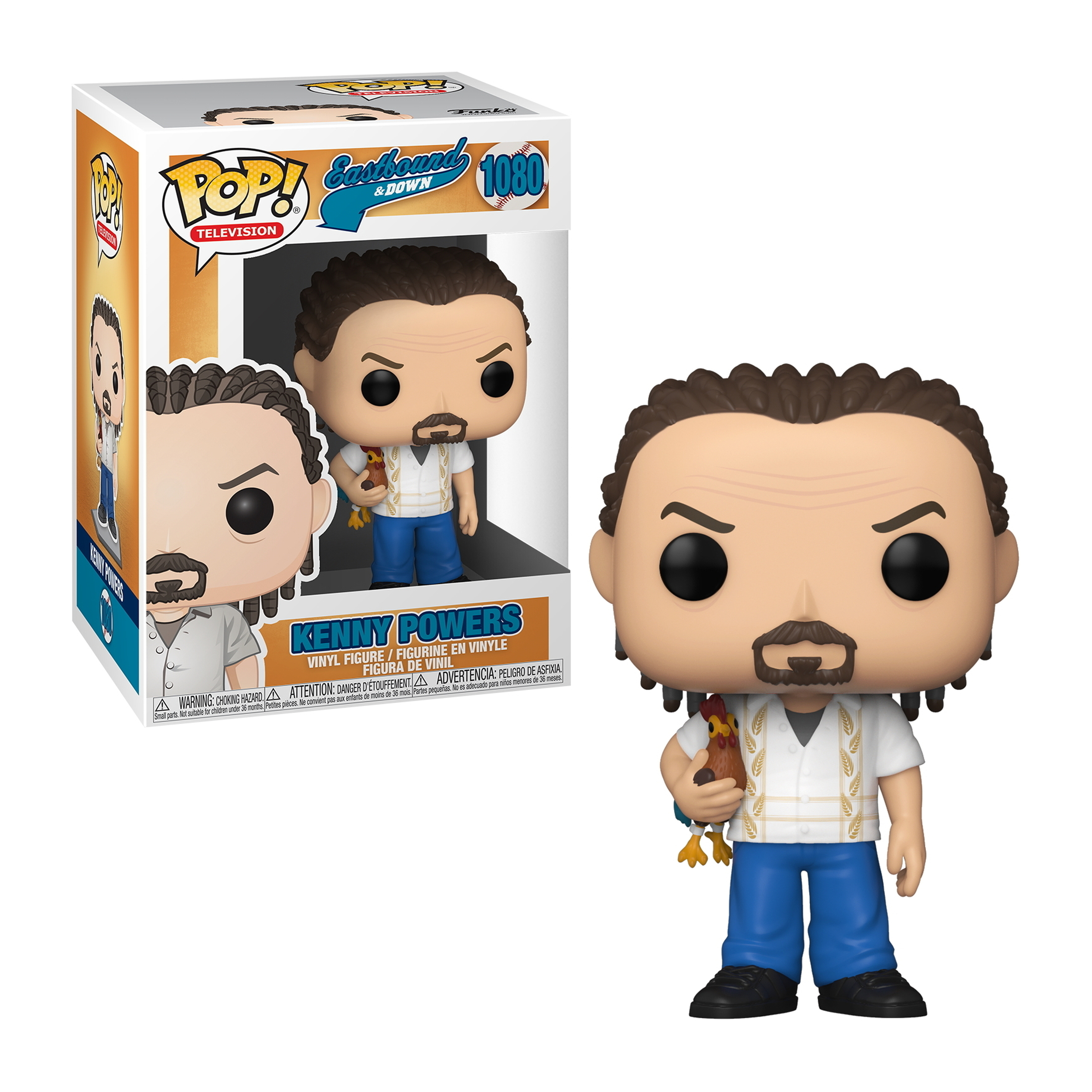 Figura di Kenny Powers con un pollo. Scatola mostra la figura. La figura è della serie TV Eastbound & Down.