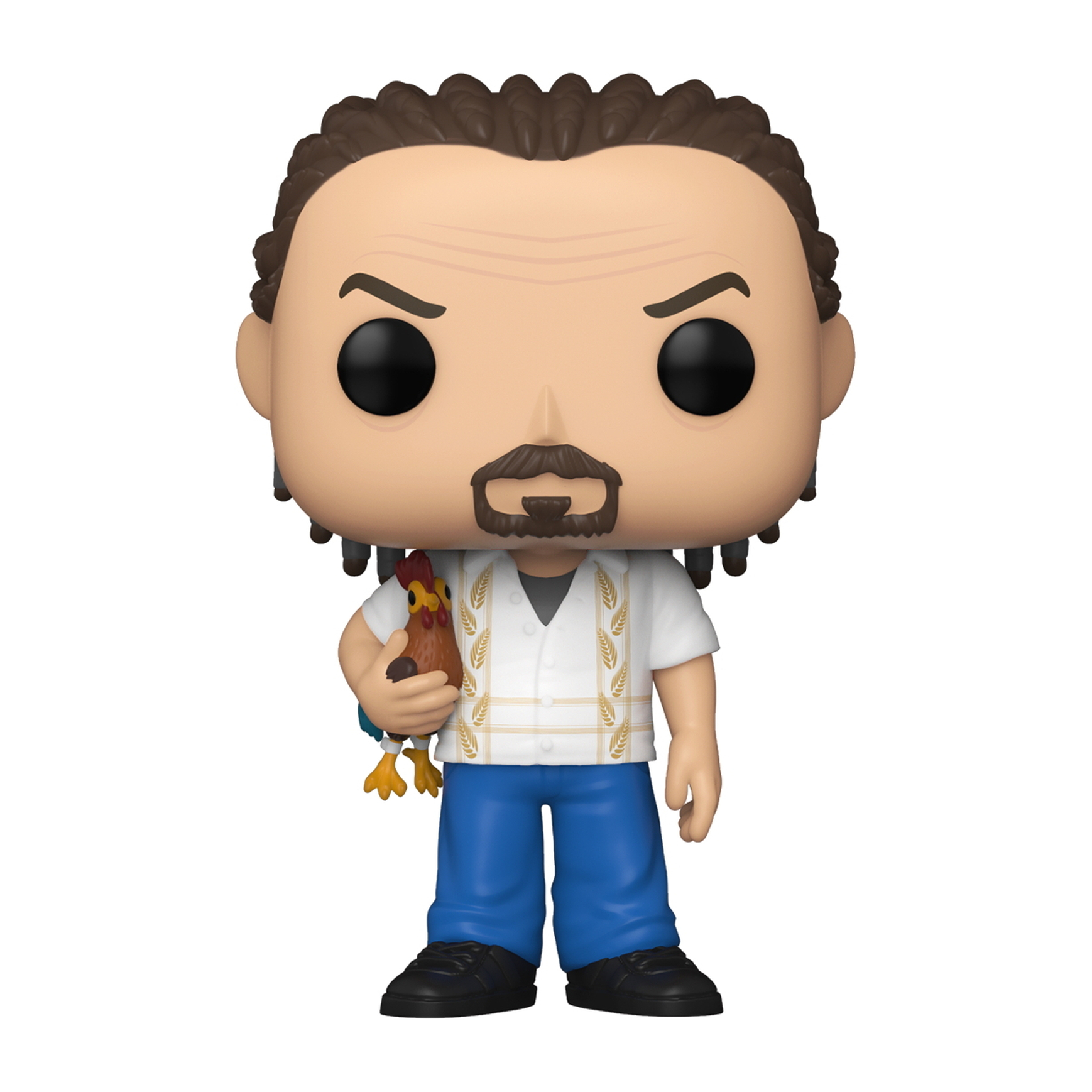 Figura Funko Pop, uomo con barba, tiene un pollo, camicia e pantaloni.