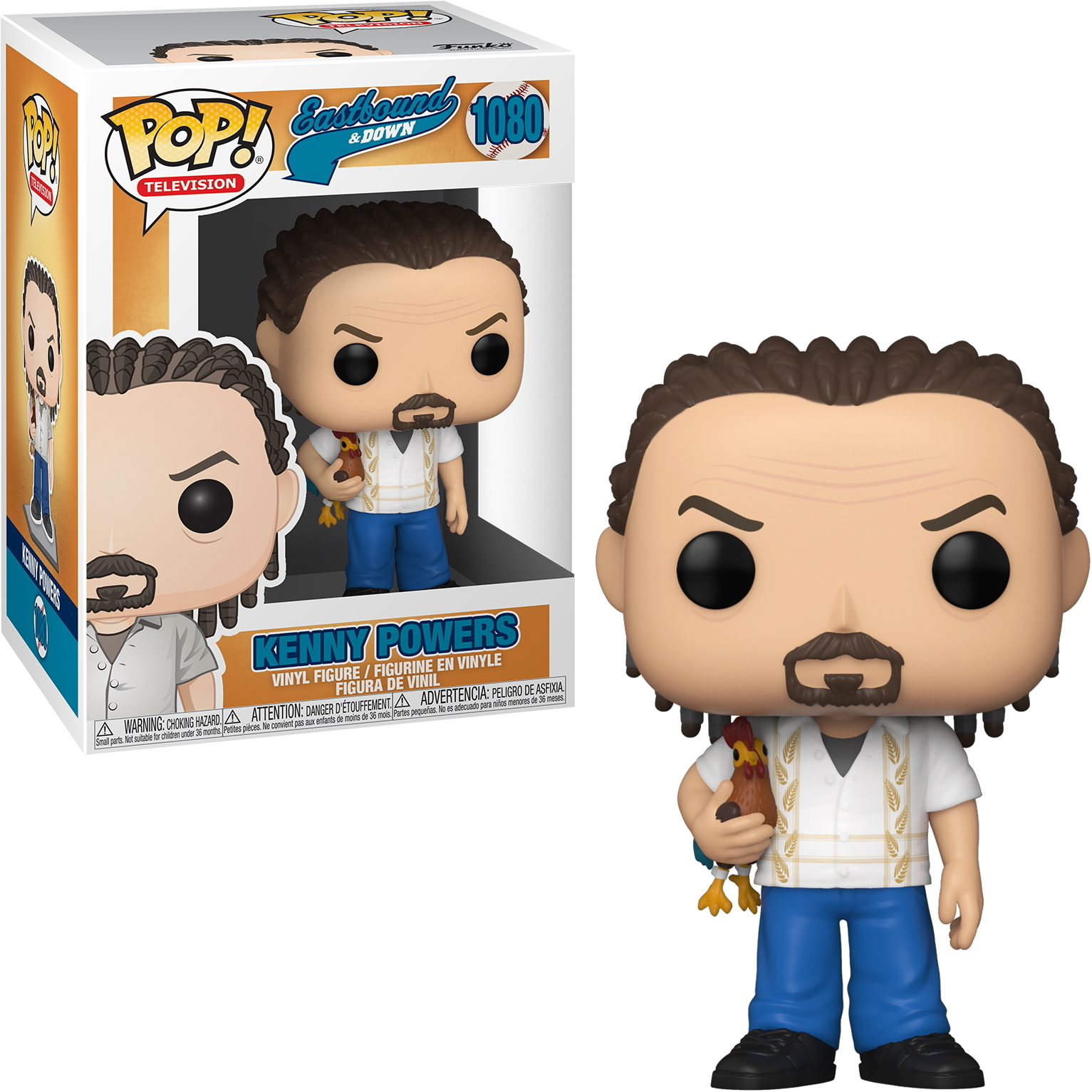 Figura Funko Pop di Kenny Powers con un pollo. La figura ha i baffi e indossa una camicia bianca e jeans blu.