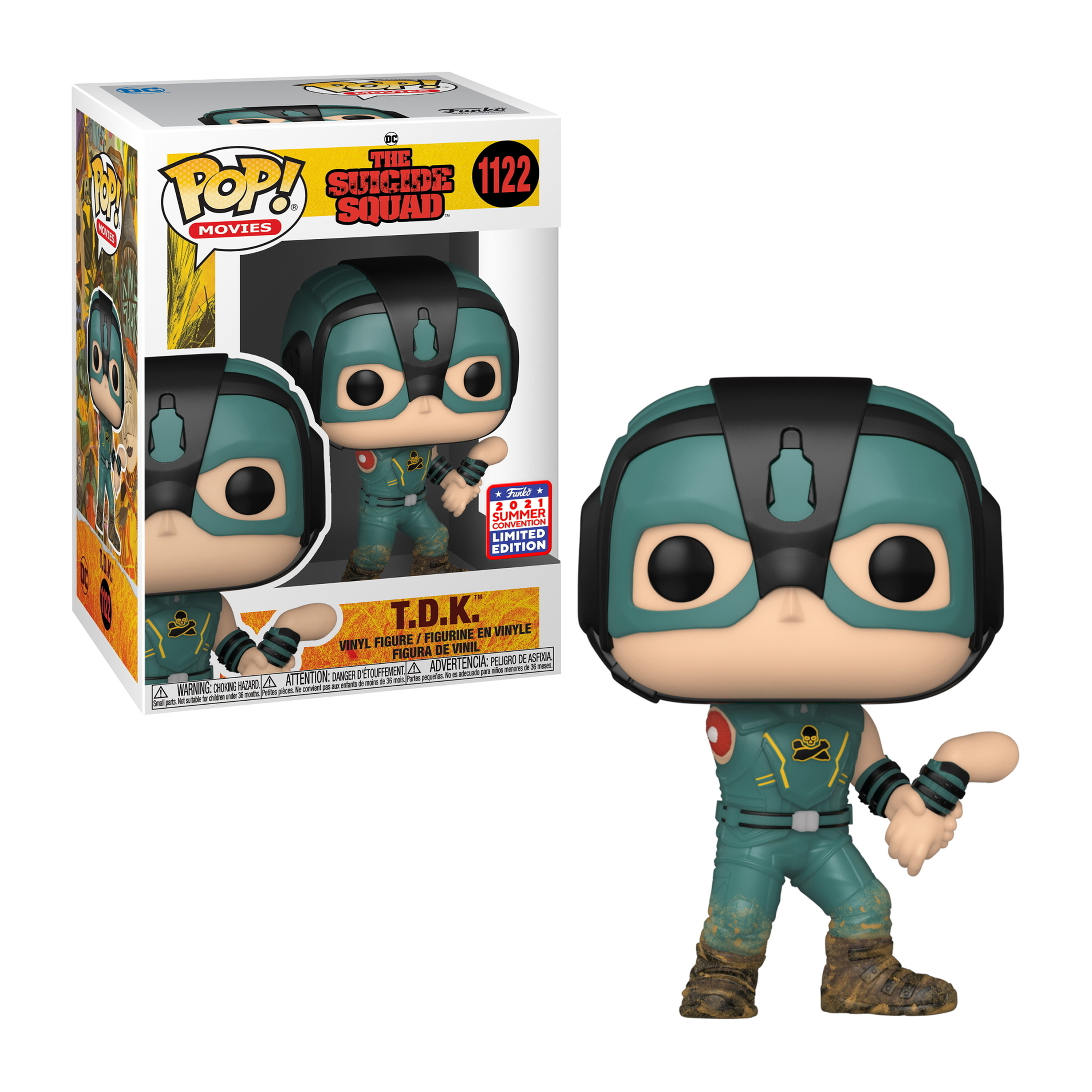 Funko Pop Figur von T.D.K. aus The Suicide Squad. Die Figur hat einen türkisfarbenen Anzug und einen schwarzen Helm.