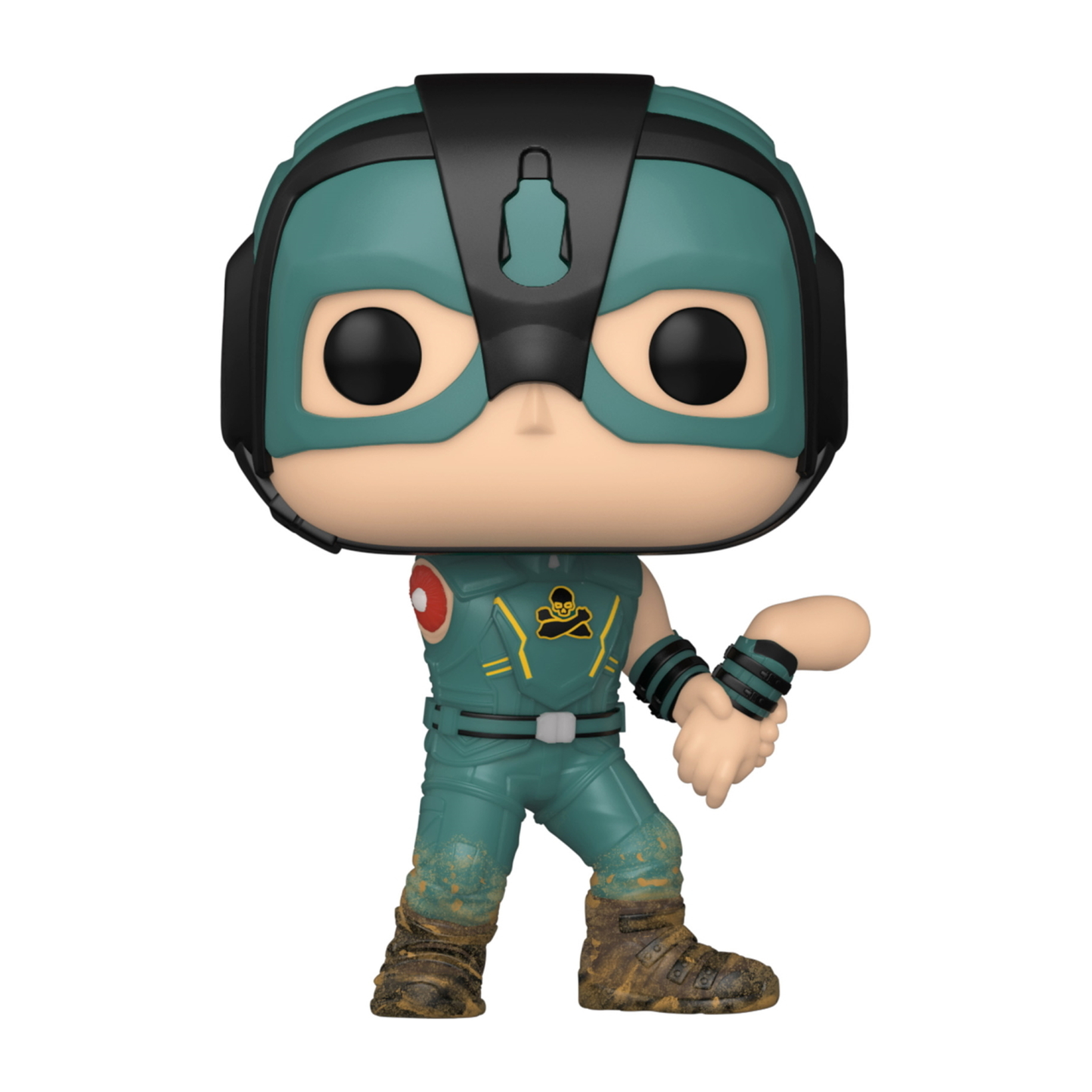 Eine Funko Pop Figur einer Figur in grünem Outfit mit einem Totenkopf auf der Brust.
