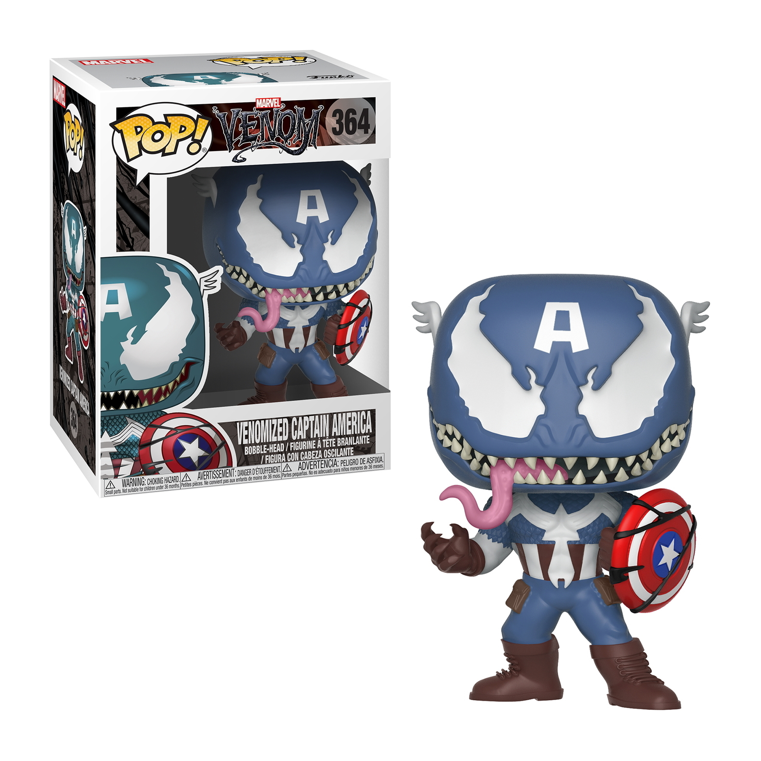 Venomized Captain America Figur. Blaues und weißes Venom-Gesicht, Schild in der Hand, mit einer Box.