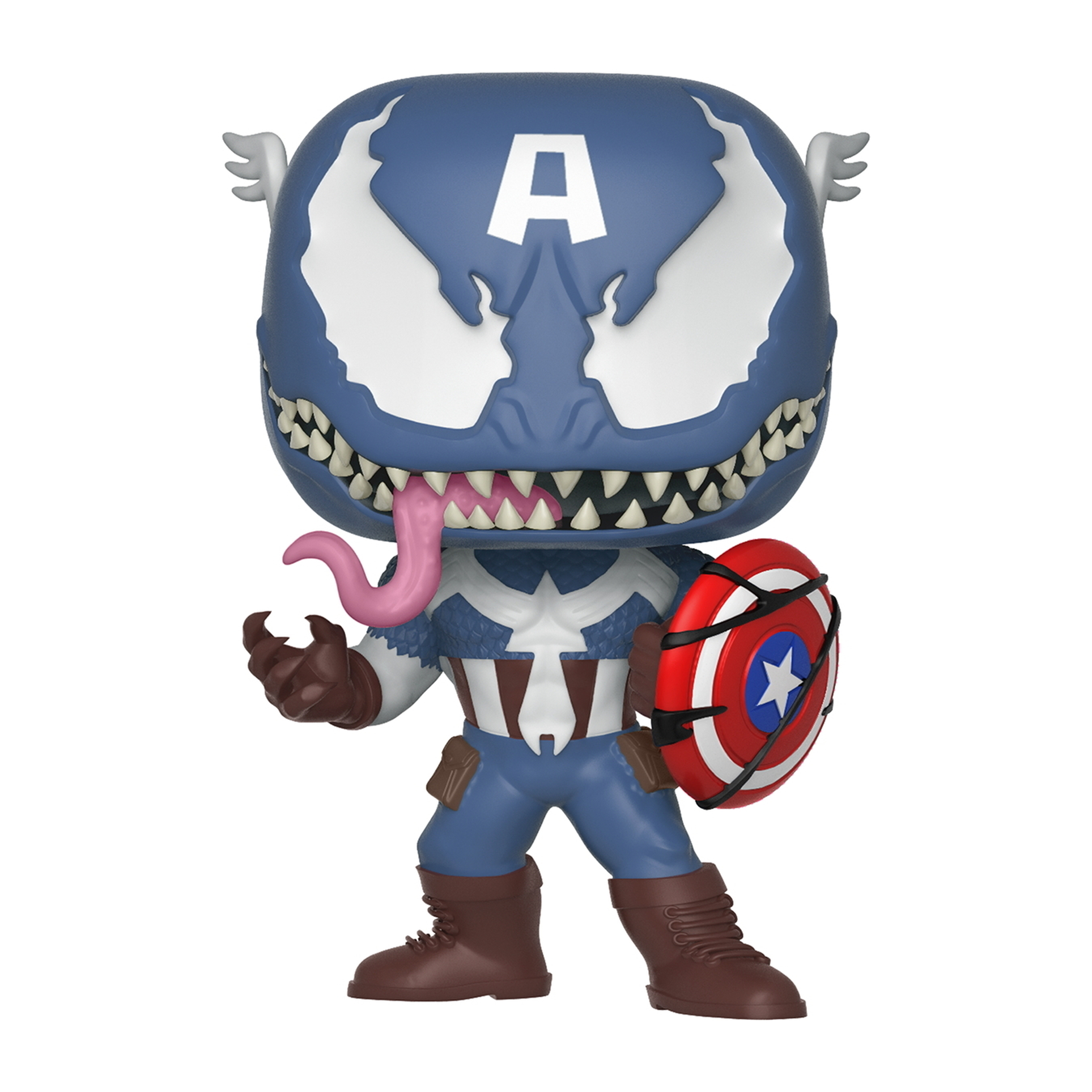 Captain America/Venom-Figur mit Schild und Zunge. Weiße und blaue Farbe.