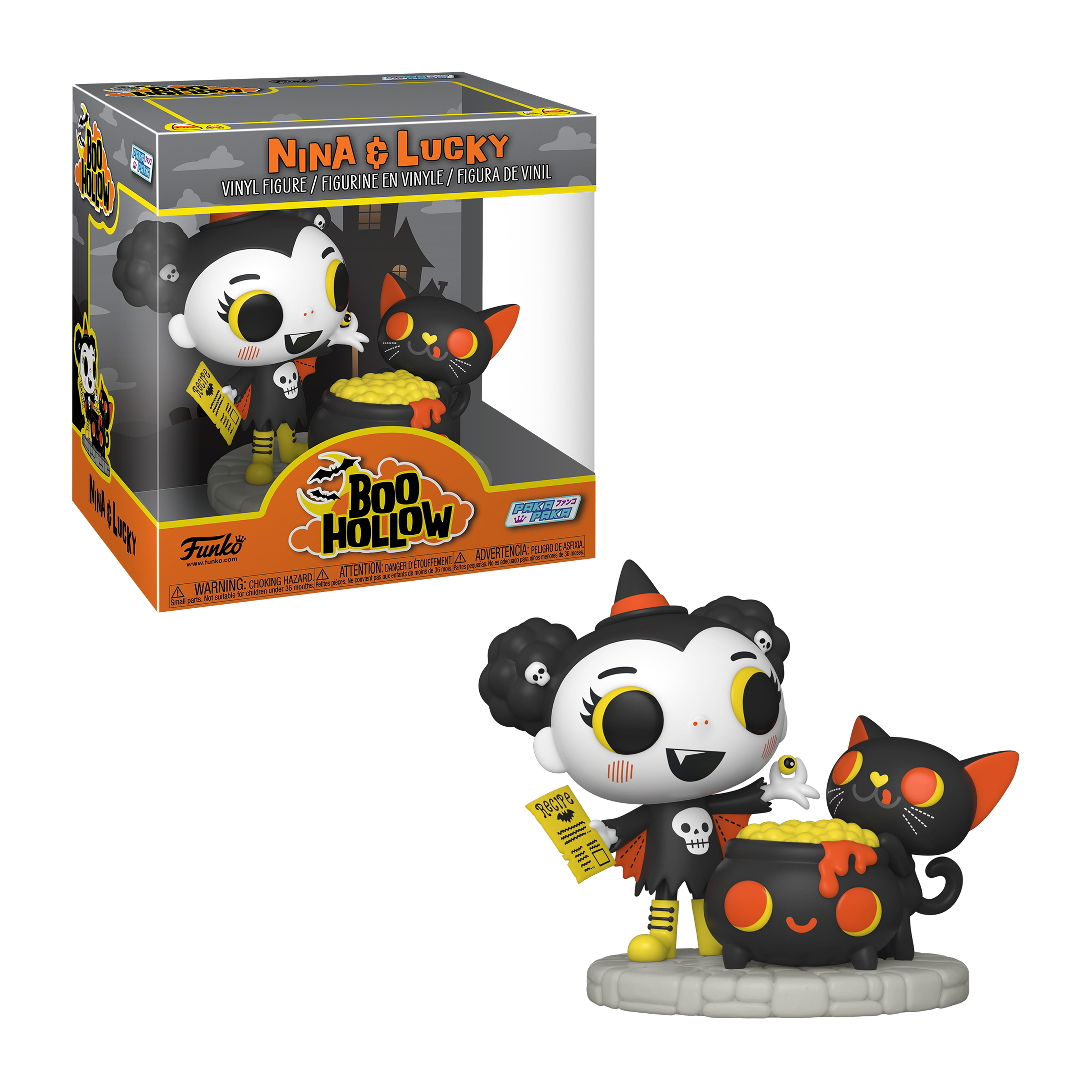 Nina & Lucky Figuren: eine Hexe und eine schwarze Katze mit orangen Augen. Die Hexe hält ein Ticket; ein Kessel blubbert.
