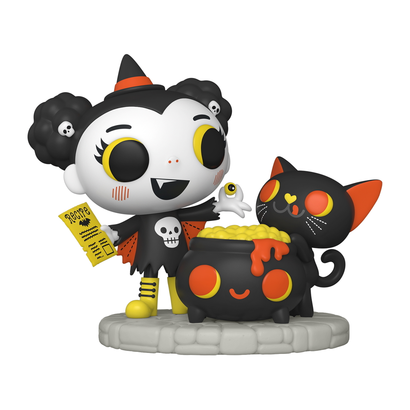 Eine Hexe Mädchen Funko Pop Figur mit einer schwarzen Katze, einem Kessel und einem Rezept. Halloween-Thema.