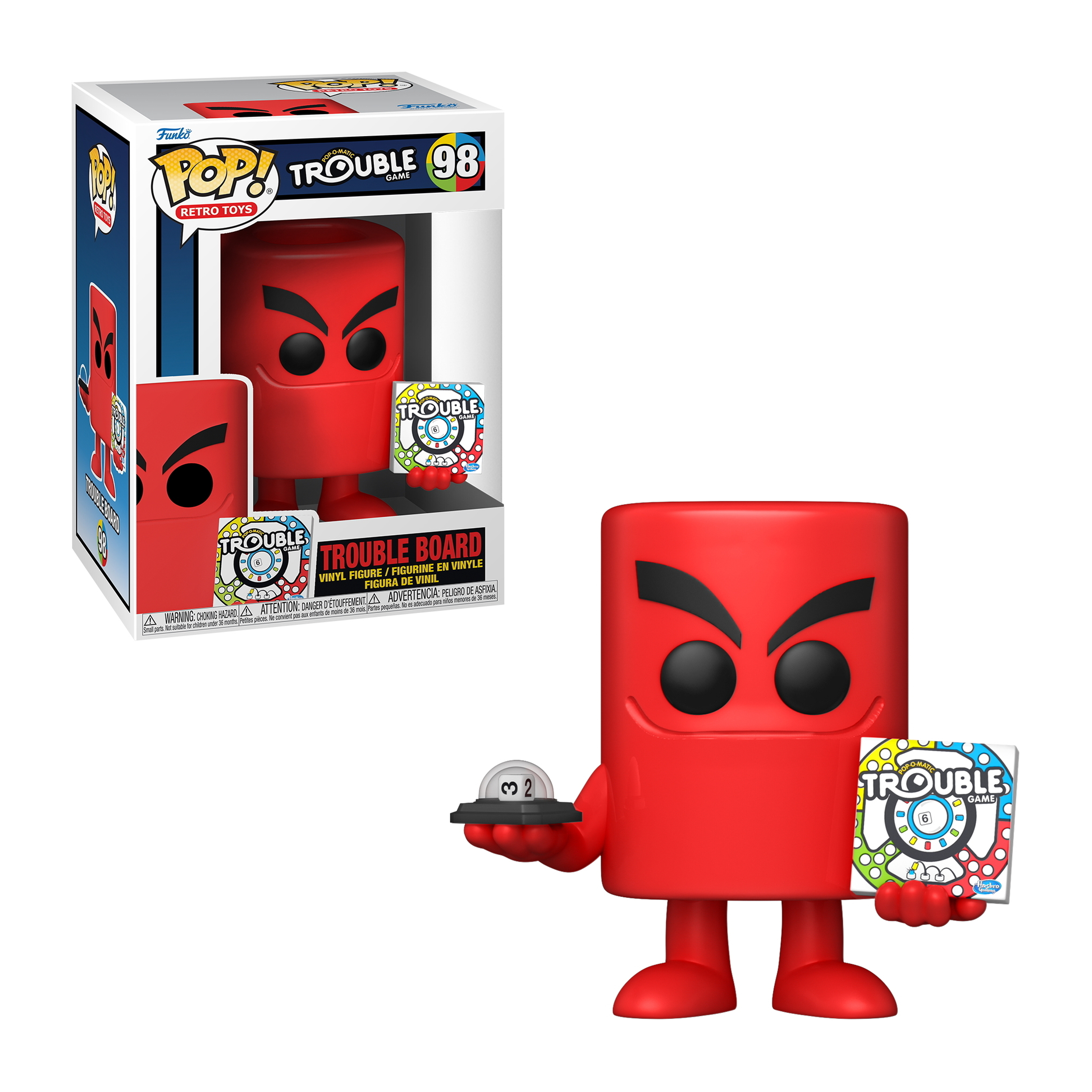 Rote Trouble Board Funko Pop Figur. Hält einen Würfel und eine Trouble Spielbox. Die Box ist abgebildet.
