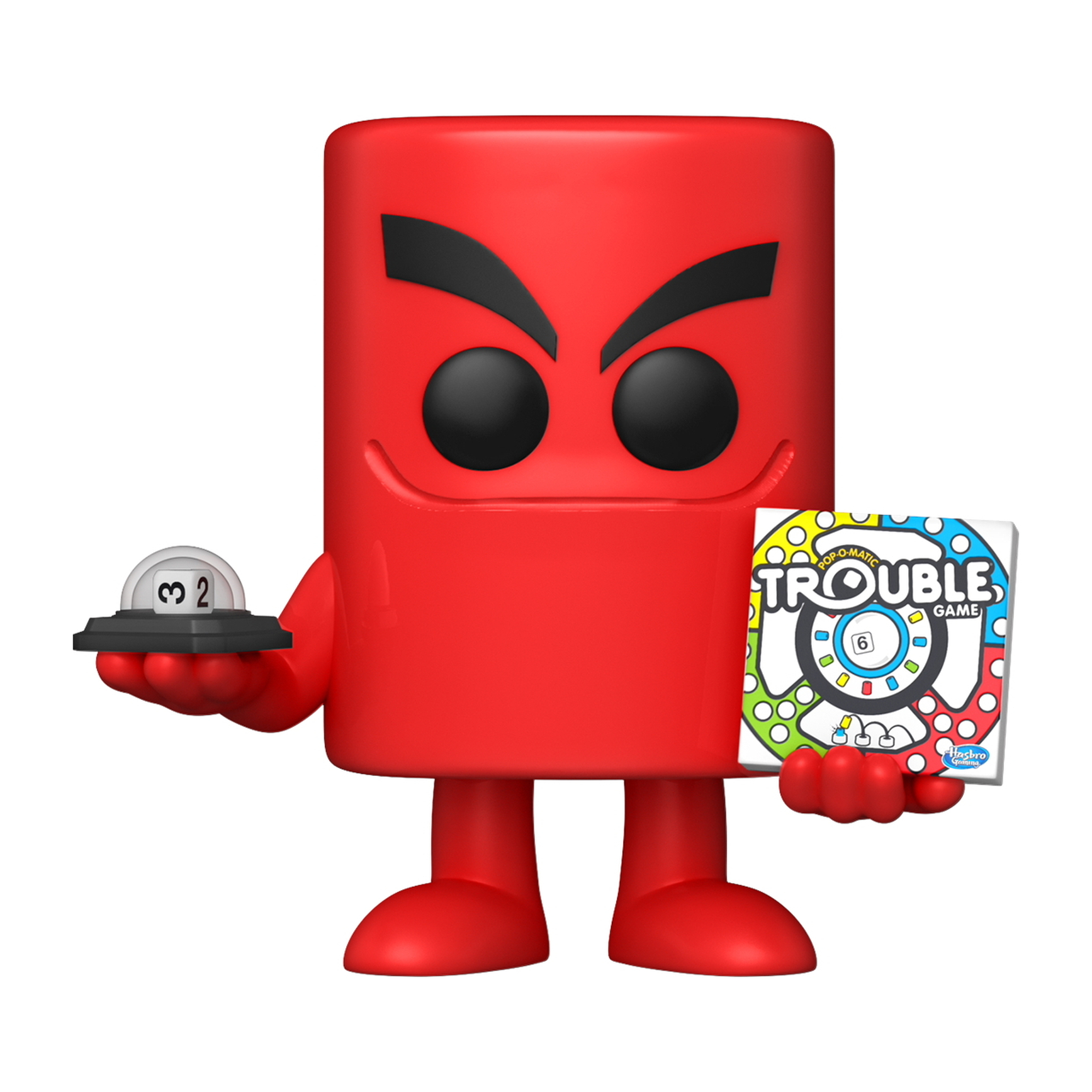 Rotes Trouble-Spiel Funko Pop. Hält Würfel und Spielbrett.