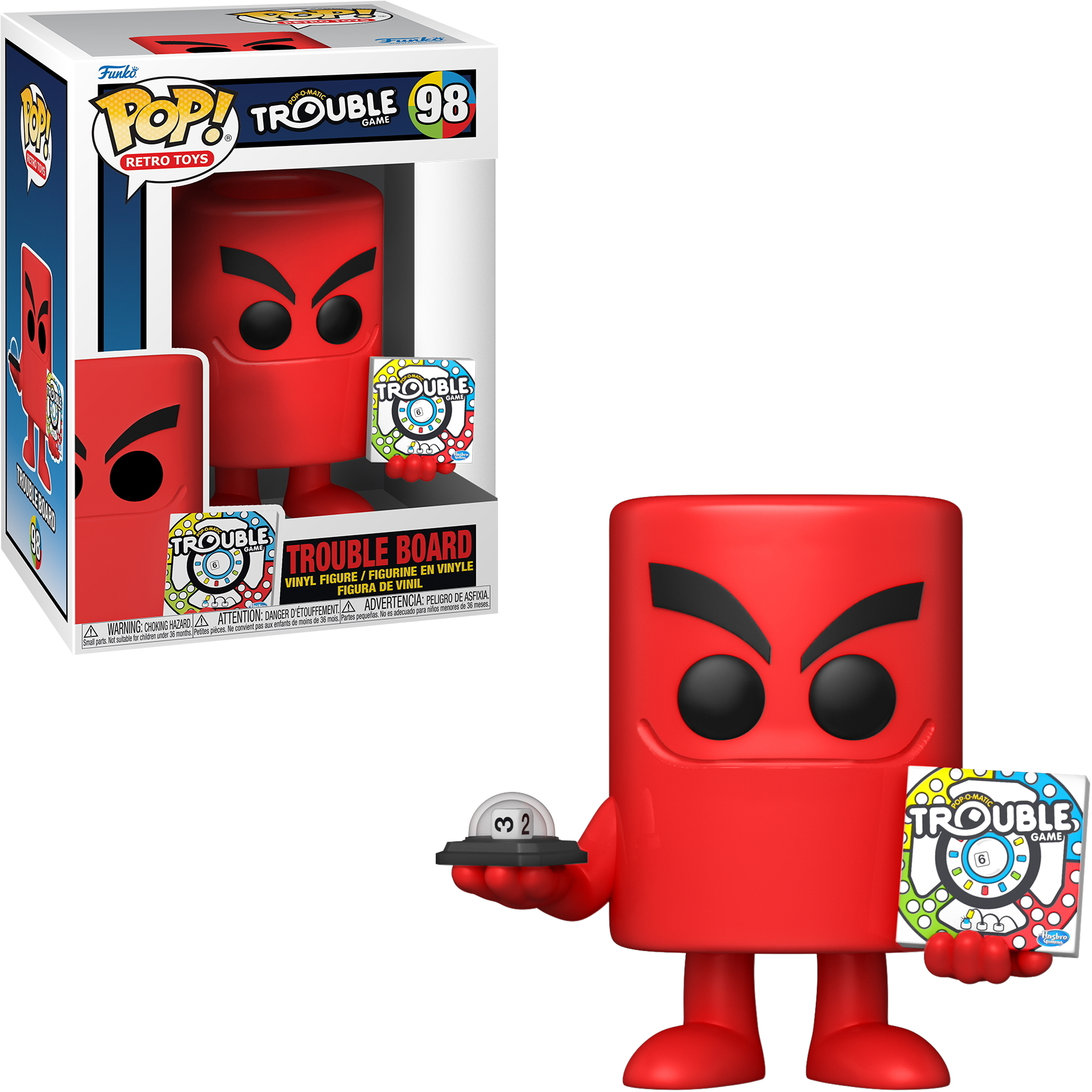 Funko Pop! Figur der Trouble-Brettspiel-Figur, rot mit schwarzen Augen, hält einen Würfel.