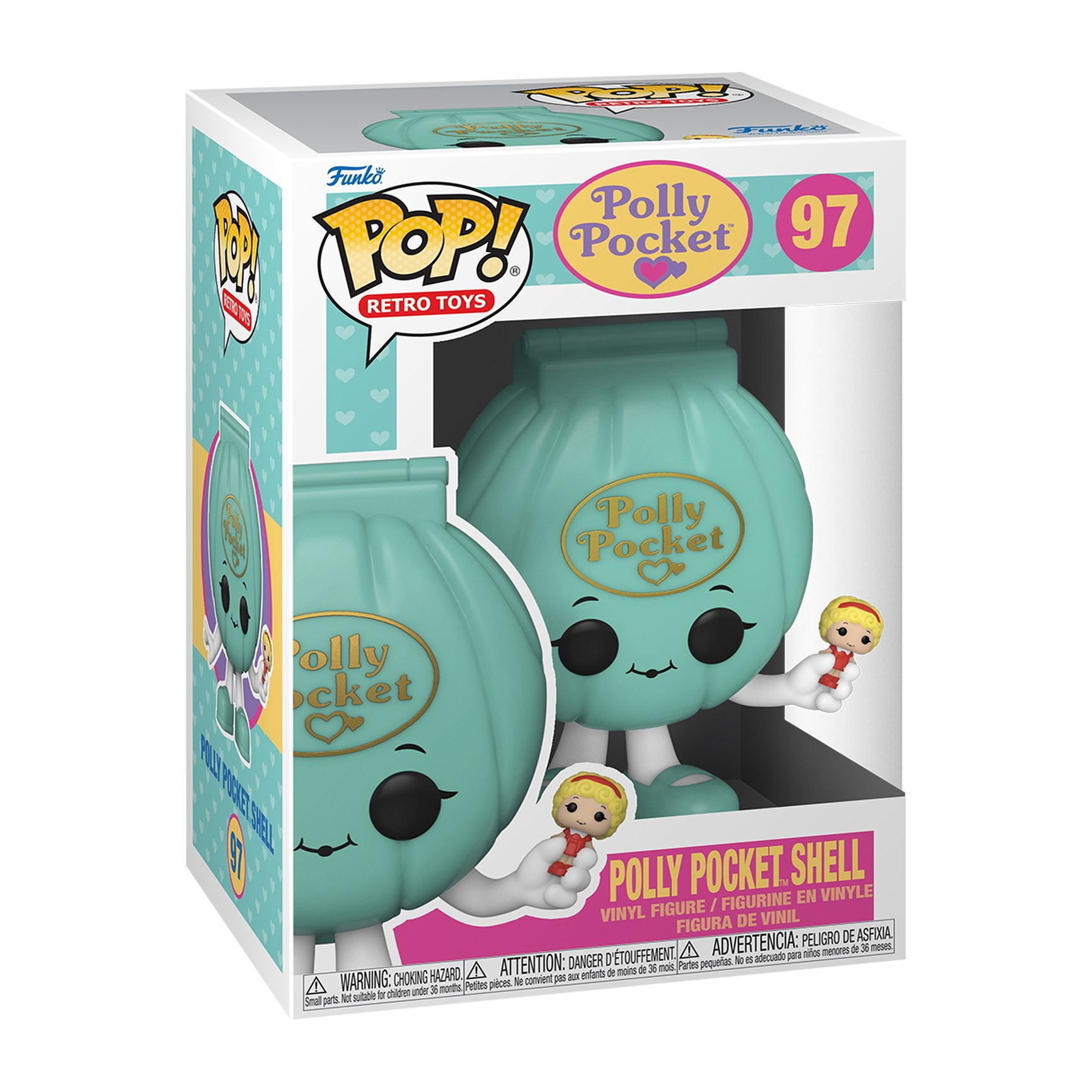 Polly Pocket Shell Pop Figur in Box. Türkis Muschel, kleine Figuren innen. Retro Toys.