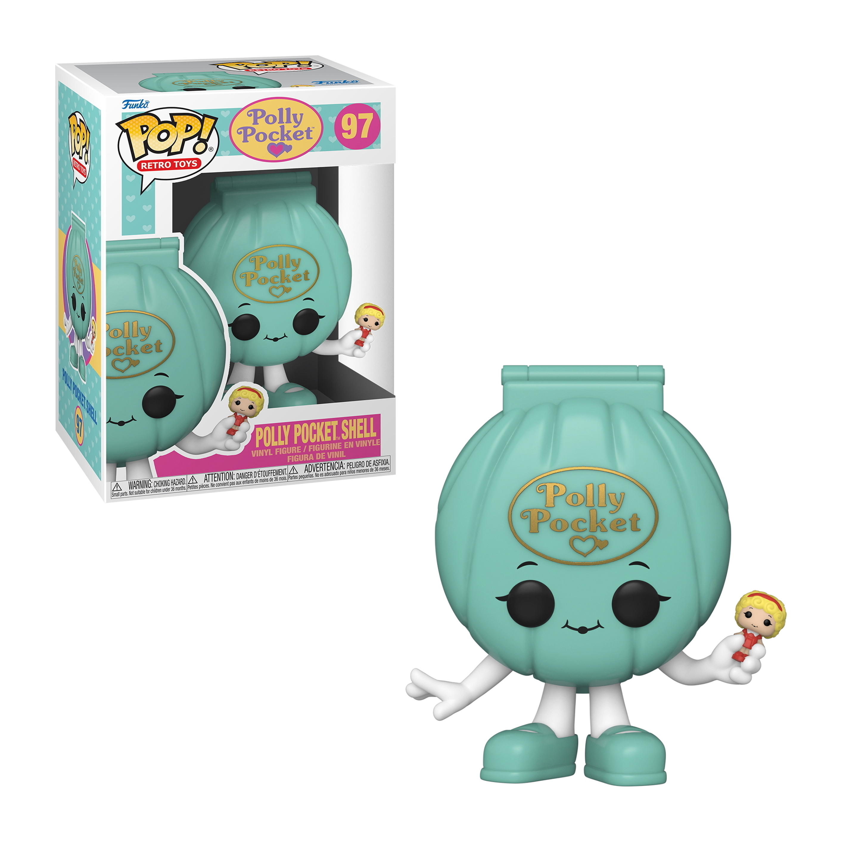 Polly Pocket Shell Figur mit Polly Pocket Charakter und einer Box.