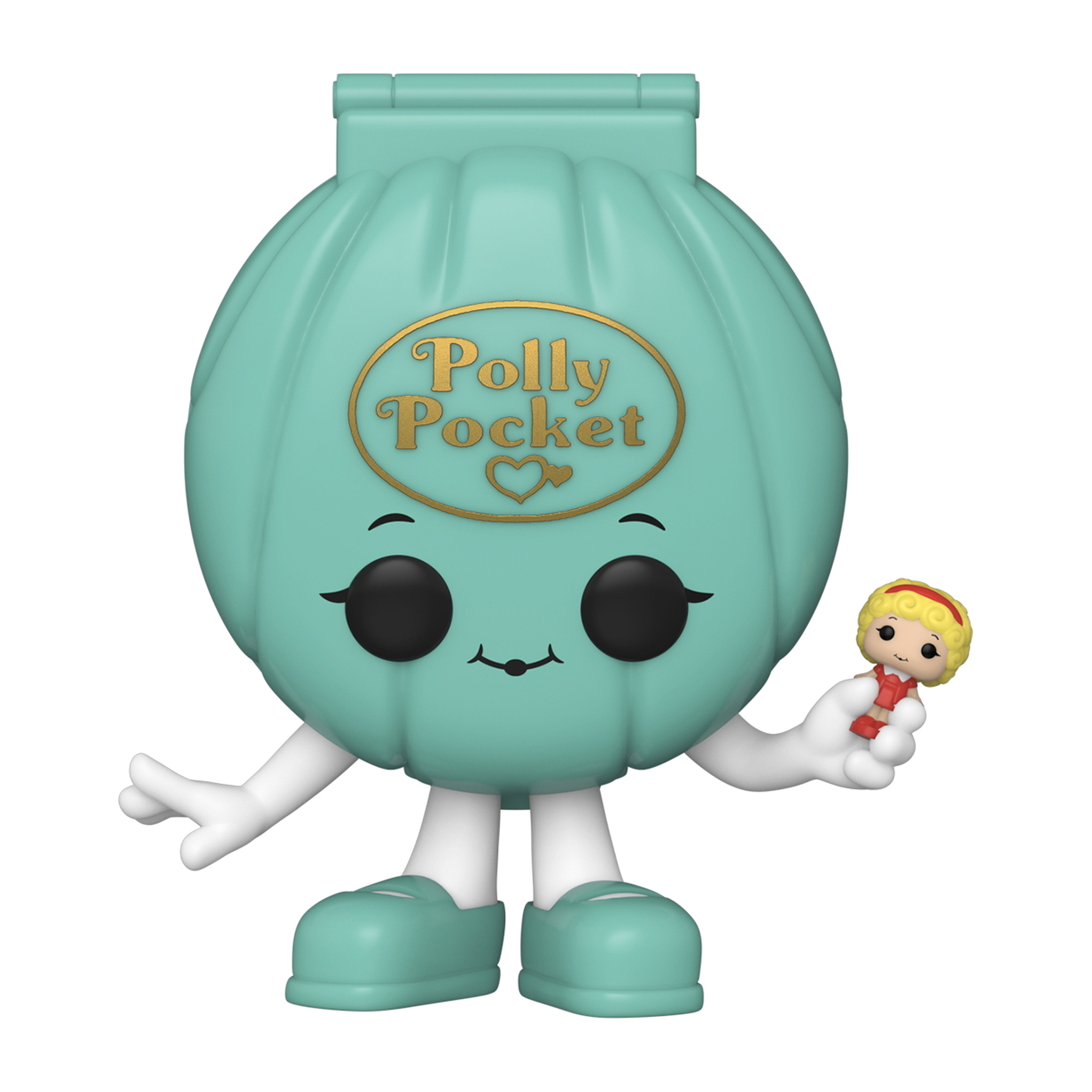 Polly Pocket Funko Pop Figur mit Muschel-Design, die eine kleine Puppe hält.