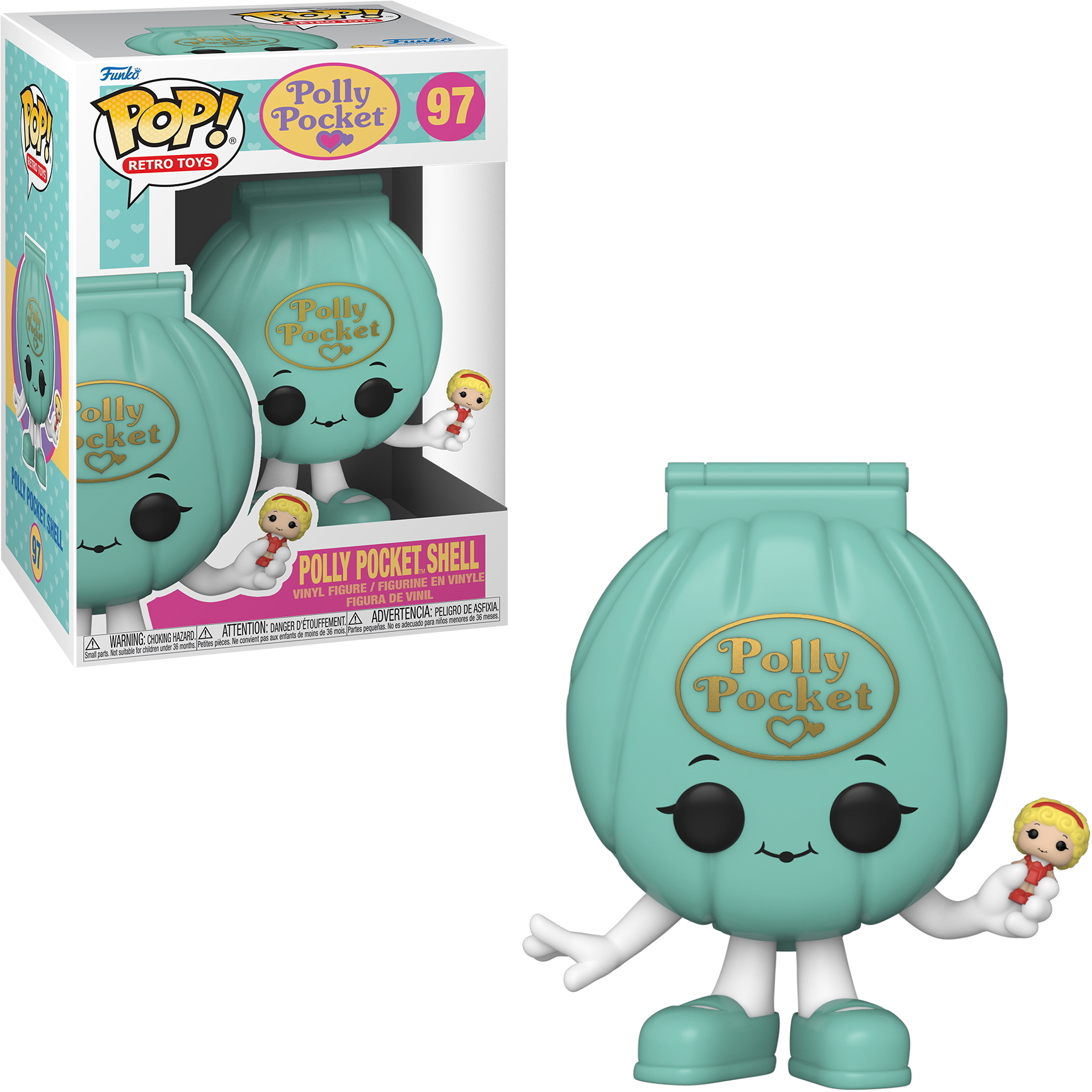 Polly Pocket Muschelfigur mit einer kleinen Puppe. Türkisfarbene Muschel, verpackt.