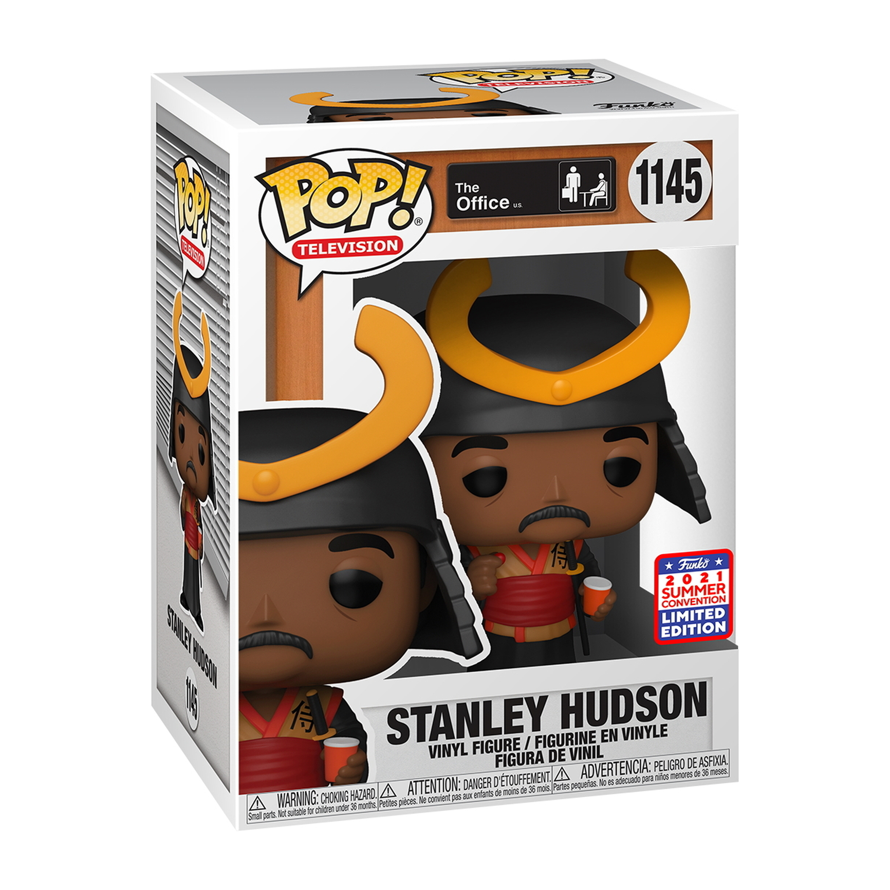 Stanley Hudson-Figur in einer Box. Die Figur hat einen schwarzen Hut, einen Schnurrbart und einen orangenen Helm.