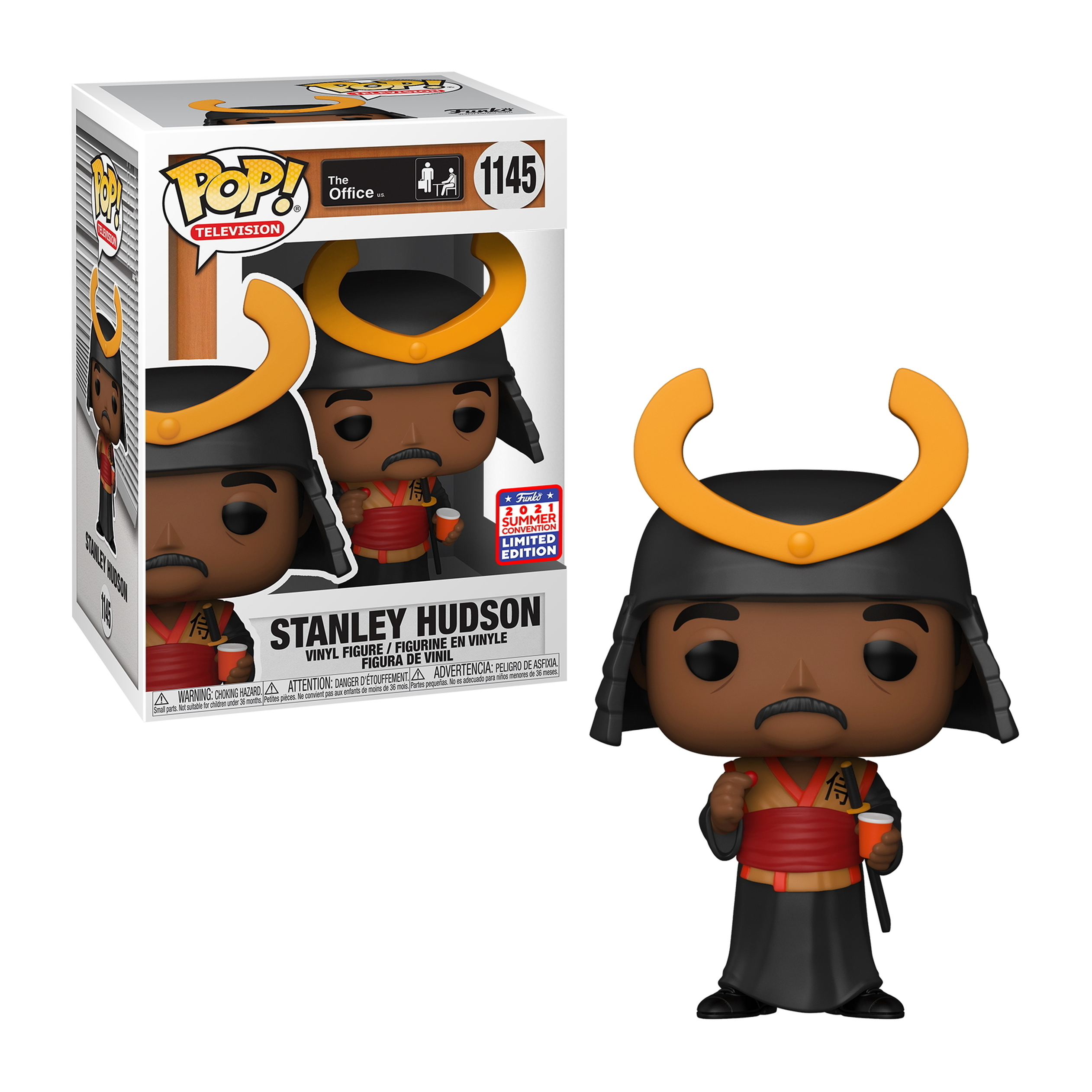 Stanley Hudson Funko Pop im Samurai-Outfit mit Tasse und Box im Hintergrund.