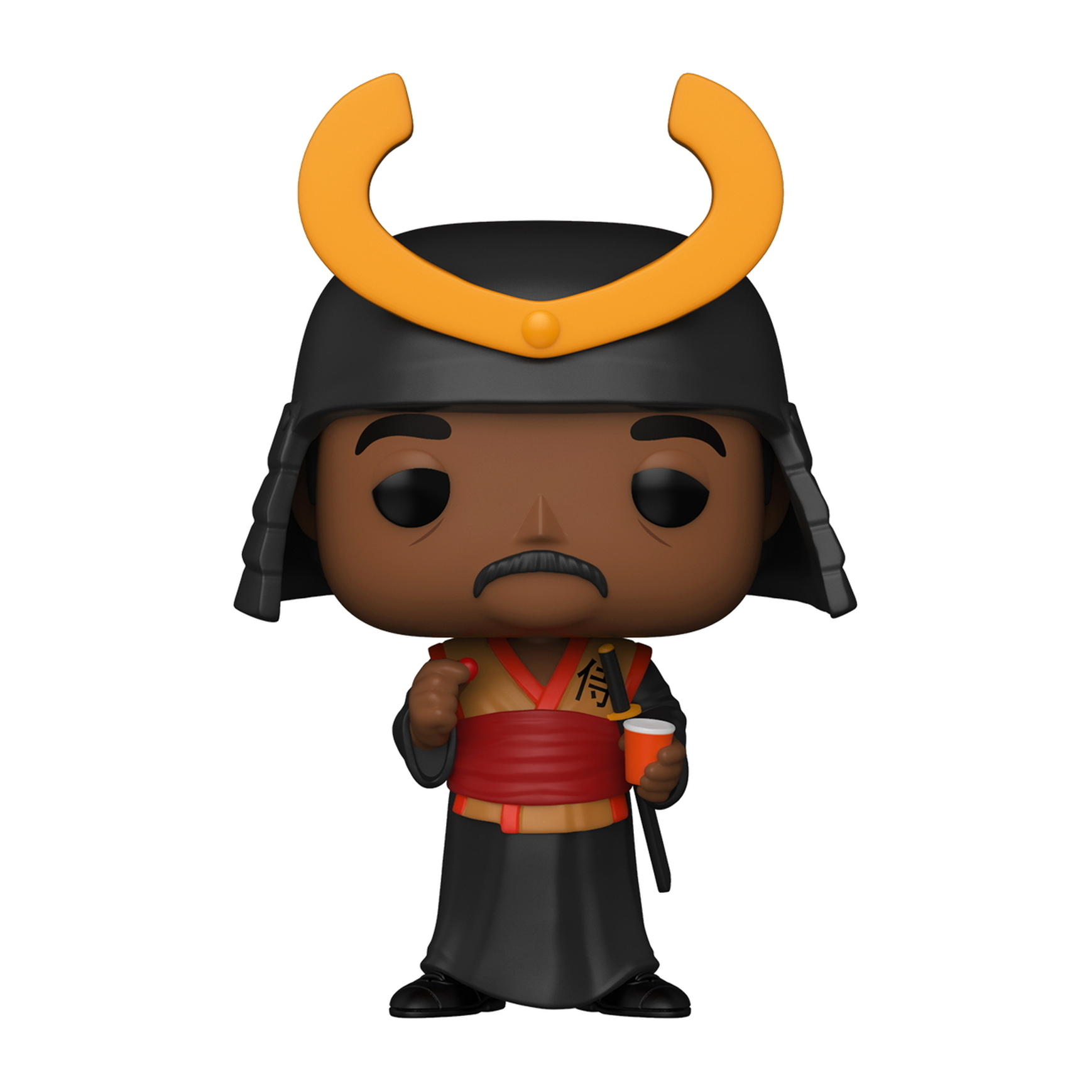 Funko Pop Figur eines Samurai. Schwarze Haut, Rüstung, hält eine Tasse und ein Schwert. Oranger Helm.
