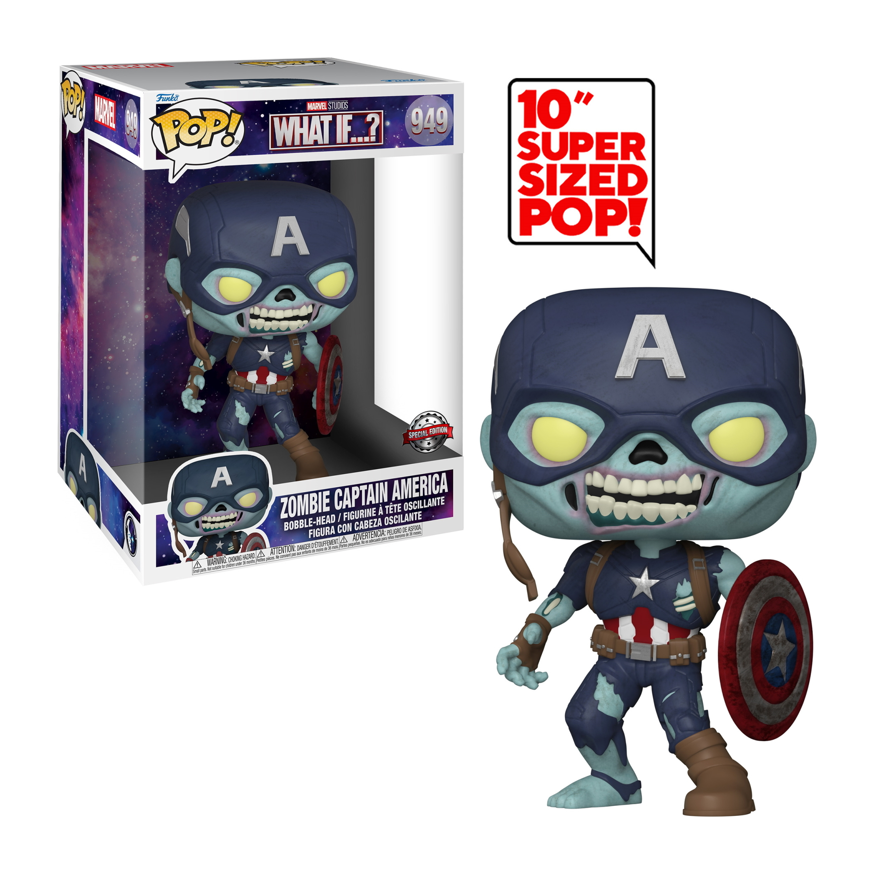 Zombie Captain America Funko Pop Figur. Blau-graues Outfit, Schild, Zombiegesicht. Box im Hintergrund.