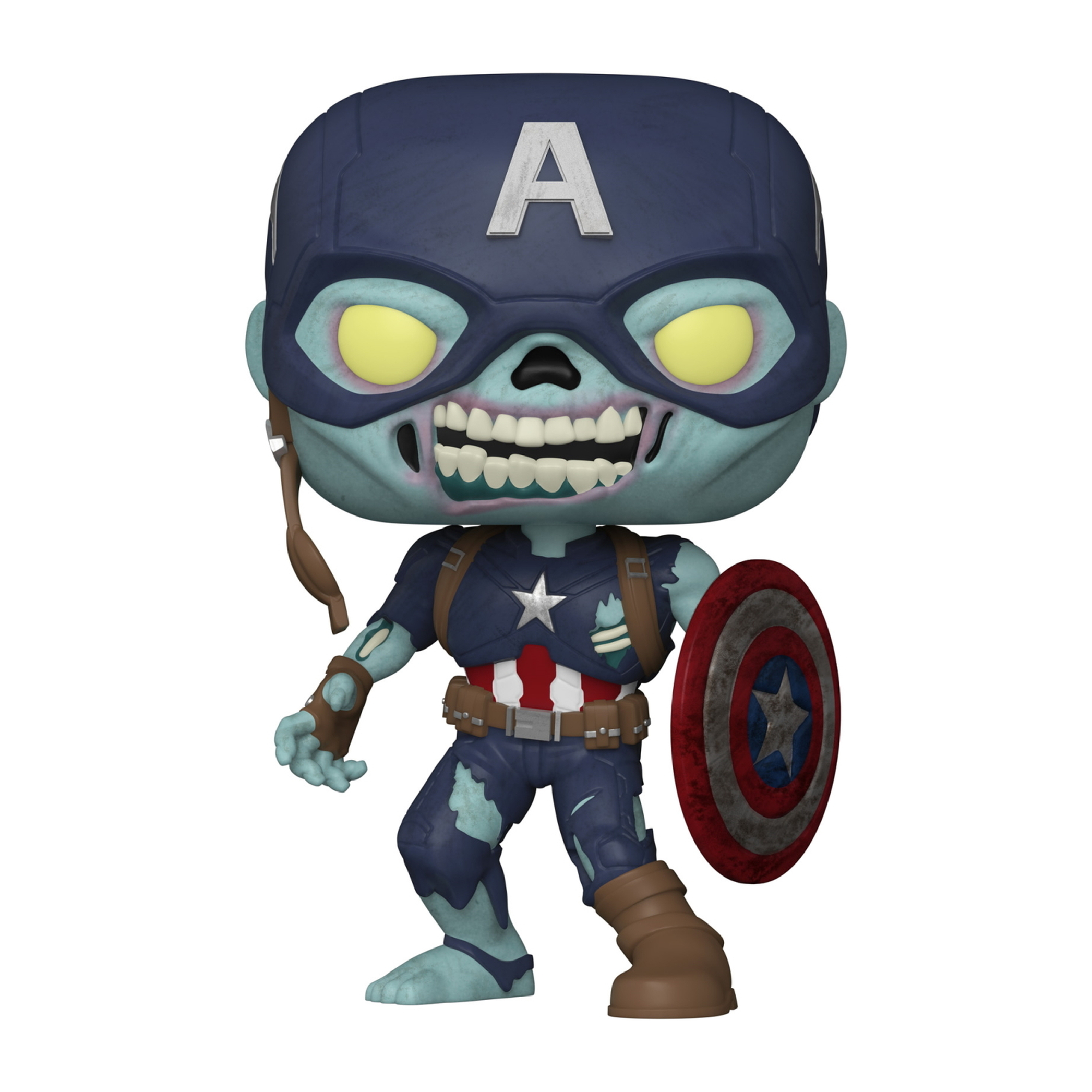 Zombie Captain America Funko Pop Figur. Blaue Haut, Schild mit Stern.