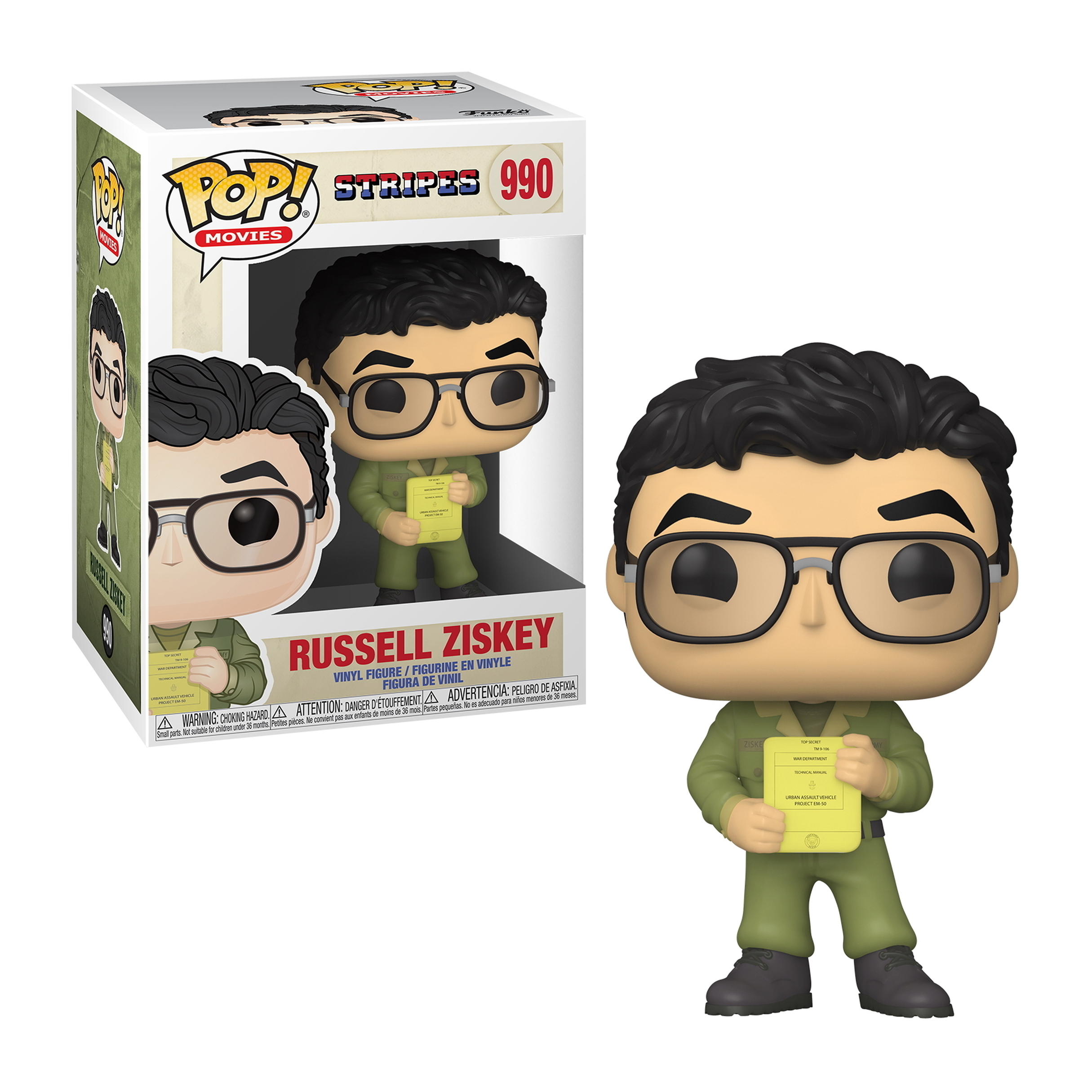 Funko Pop von Russell Ziskey aus Stripes, der ein Dokument hält, in einer Box.