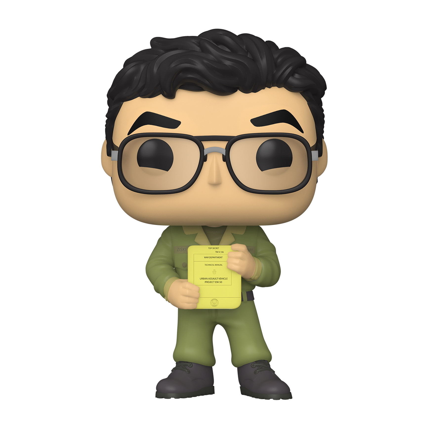 Ein nerdiger Mann in einem grünen Outfit, mit Brille, der ein gelbes Dokument hält.
