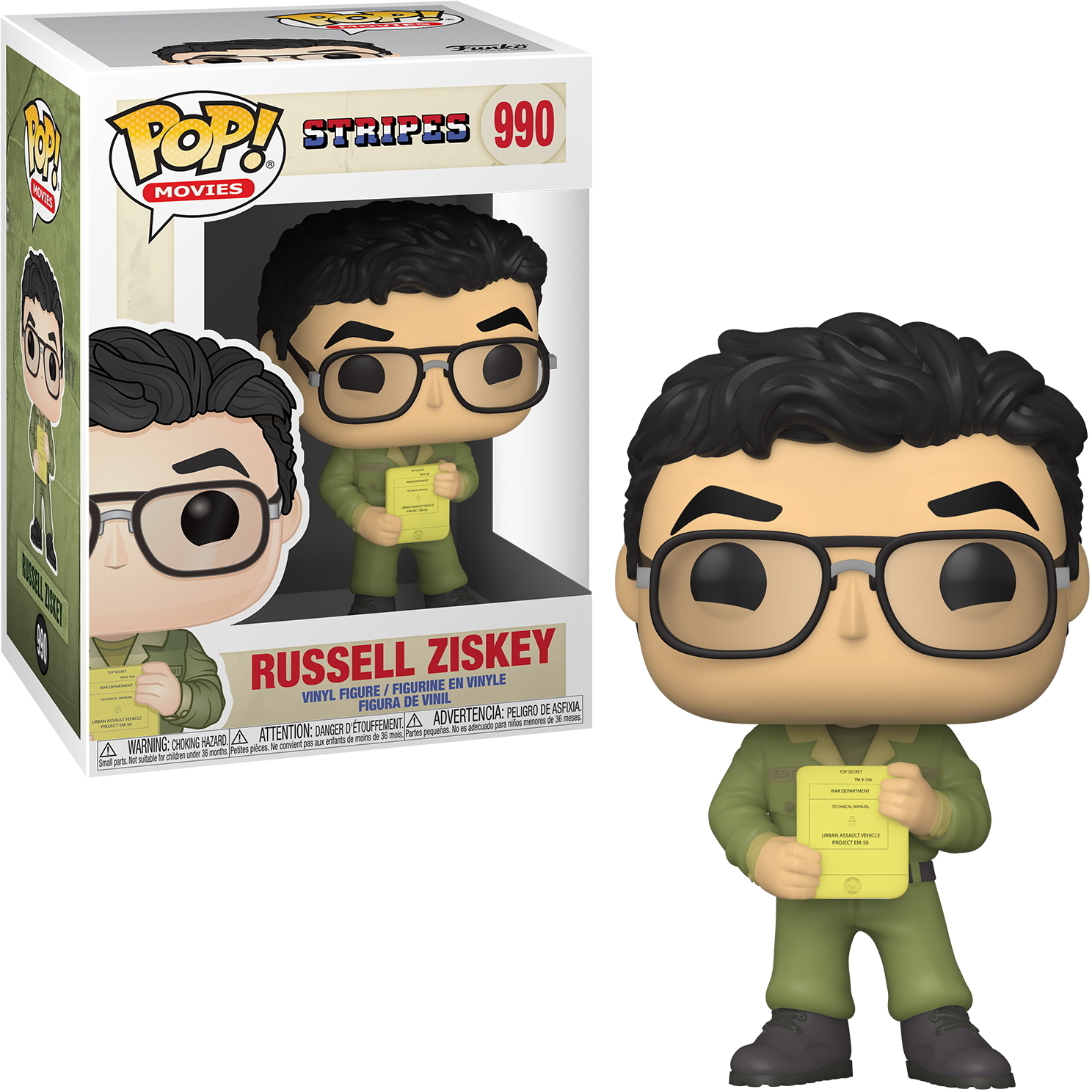 Russell Ziskey Figur hält gelbes Papier. Box im Hintergrund.