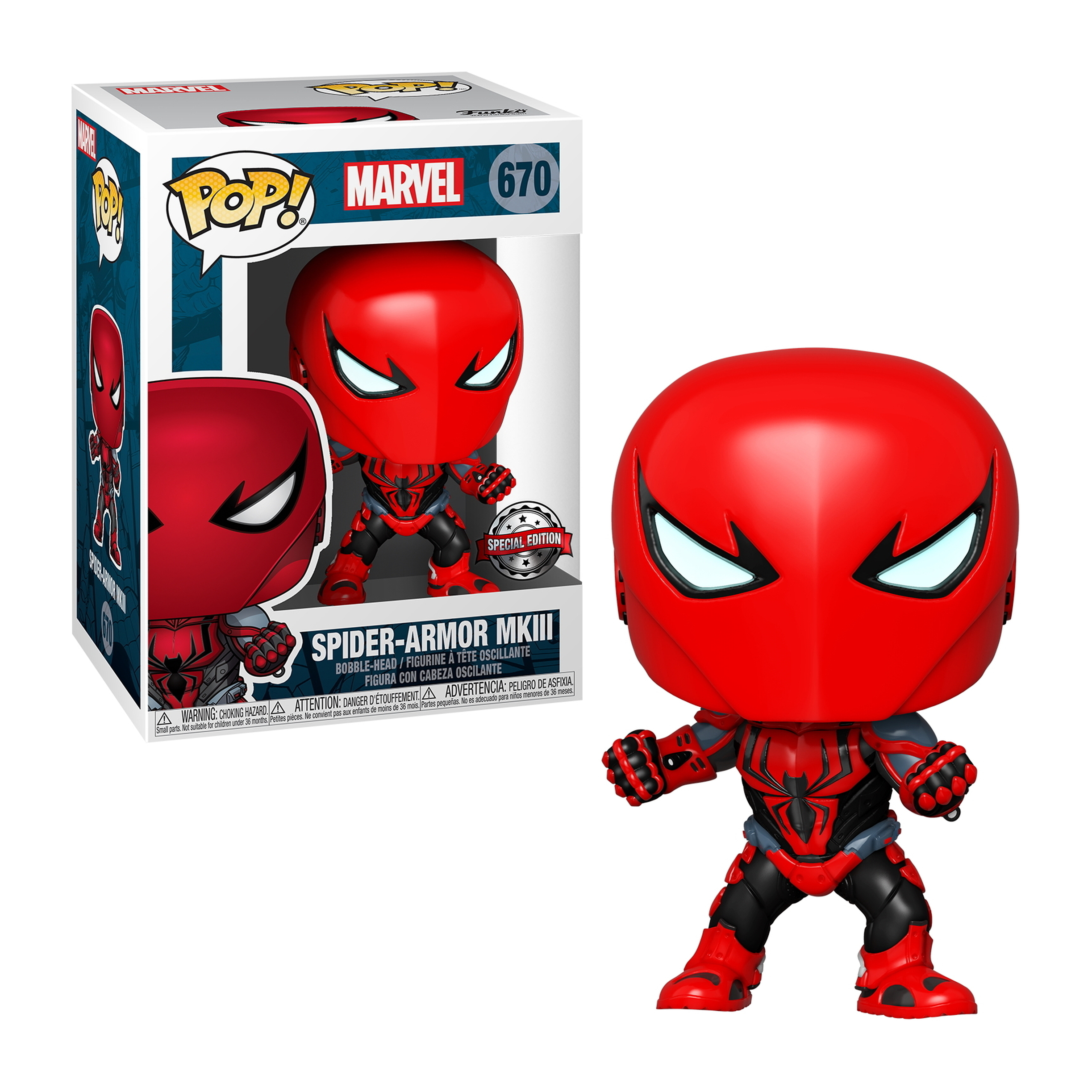 Eine rote Spider-Armor MKIII Funko Pop-Figur mit einer Box. Die Figur ist rot und schwarz.