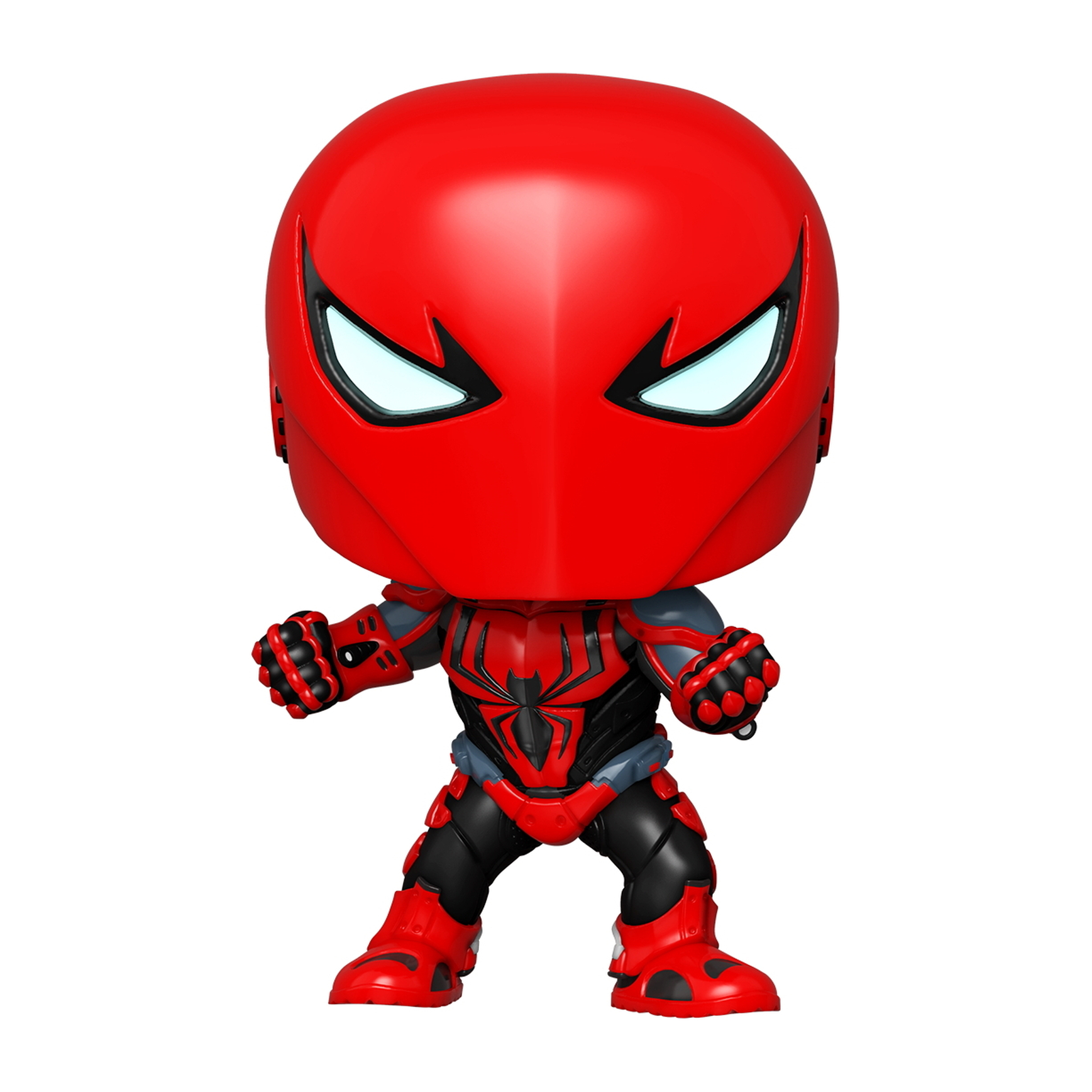 Red Hood Funko Pop Figur in rotem Anzug und Helm, Hände zu Fäusten geballt. Figur hat Spinnen-Symbol.
