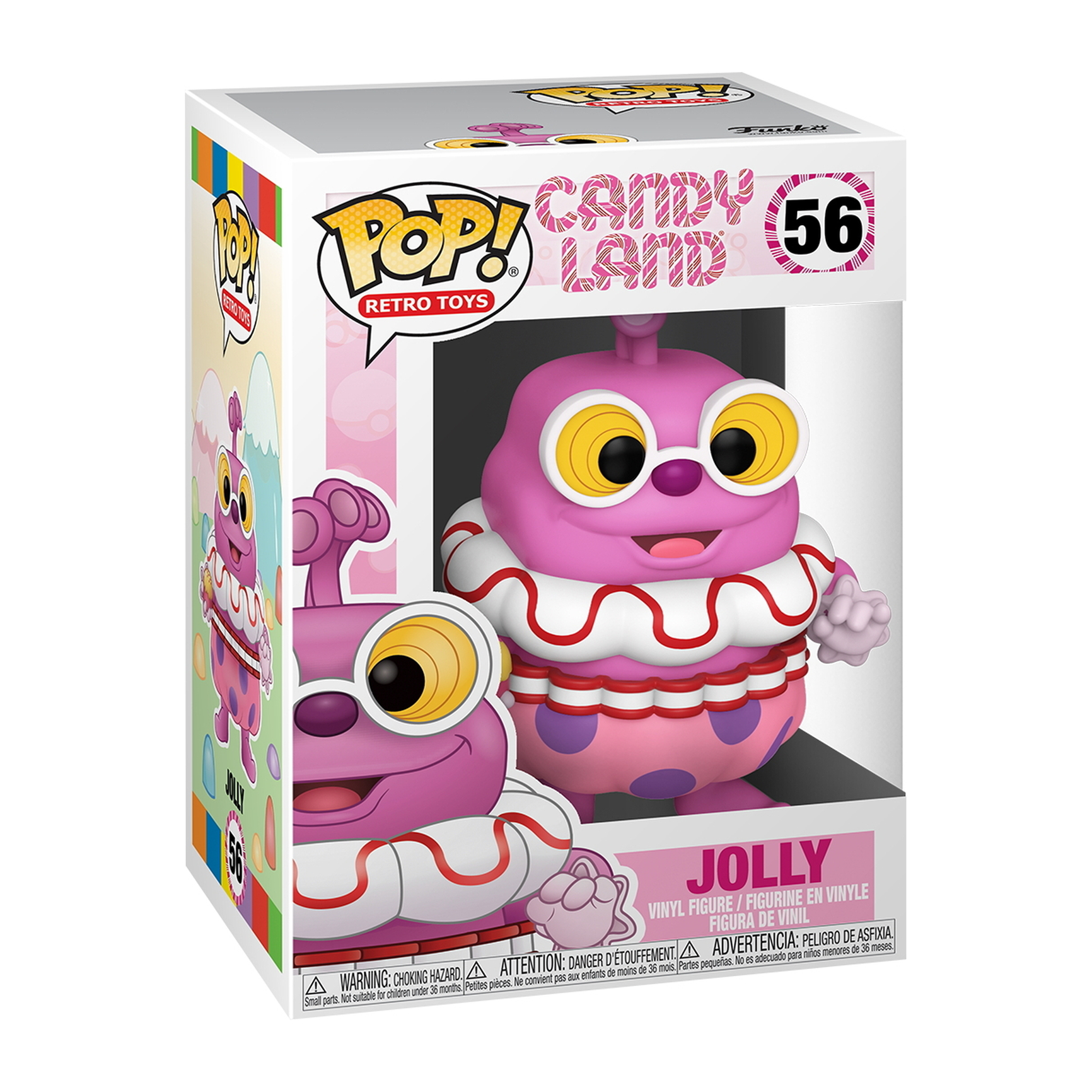 Figura Jolly Funko Pop in scatola. Personaggio rosa con colletto bianco e pois rossi.